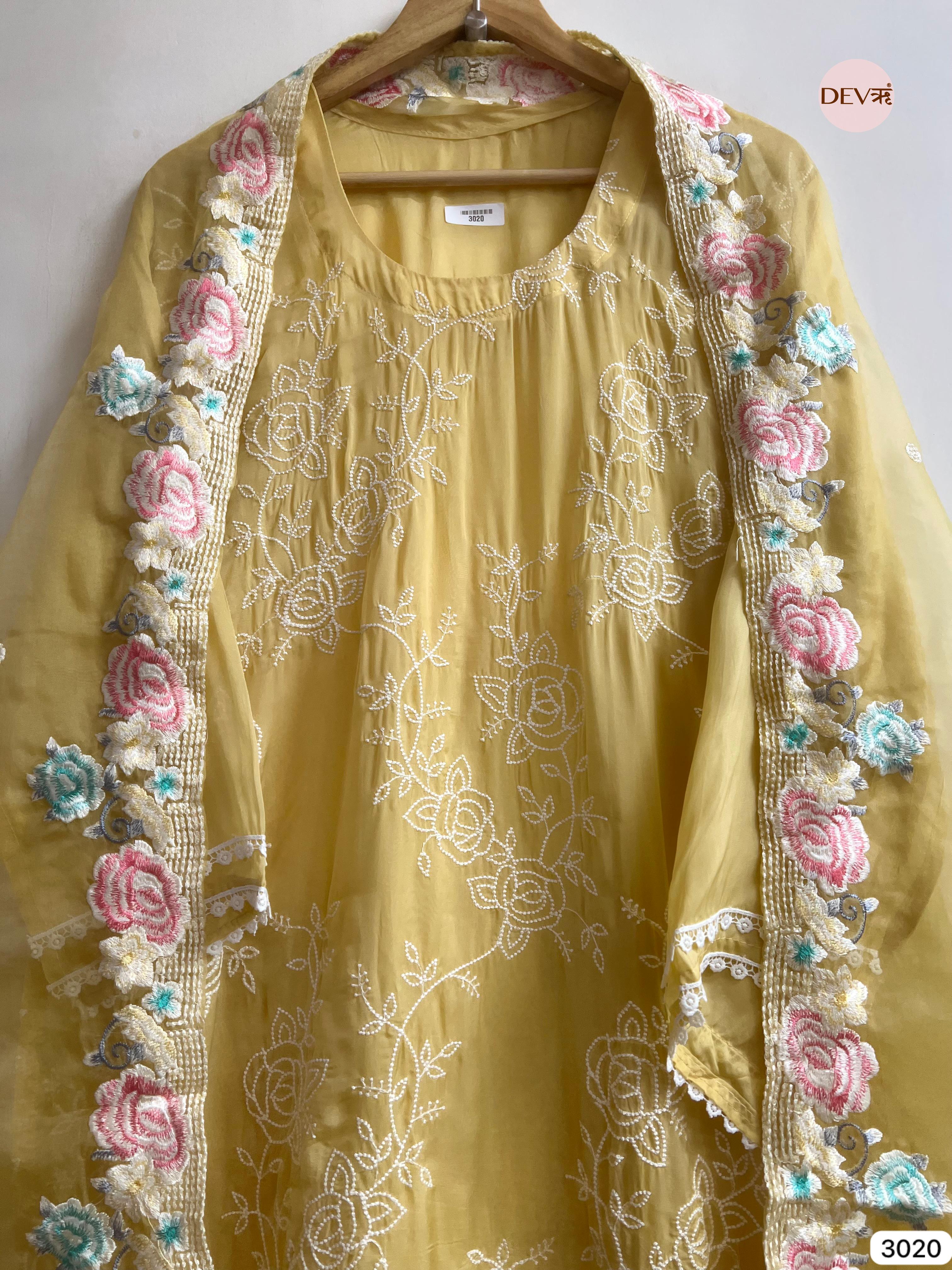 Yellow Organza Embroidered Unstitched 3-Piece Suit (Devri – D.No 3020)