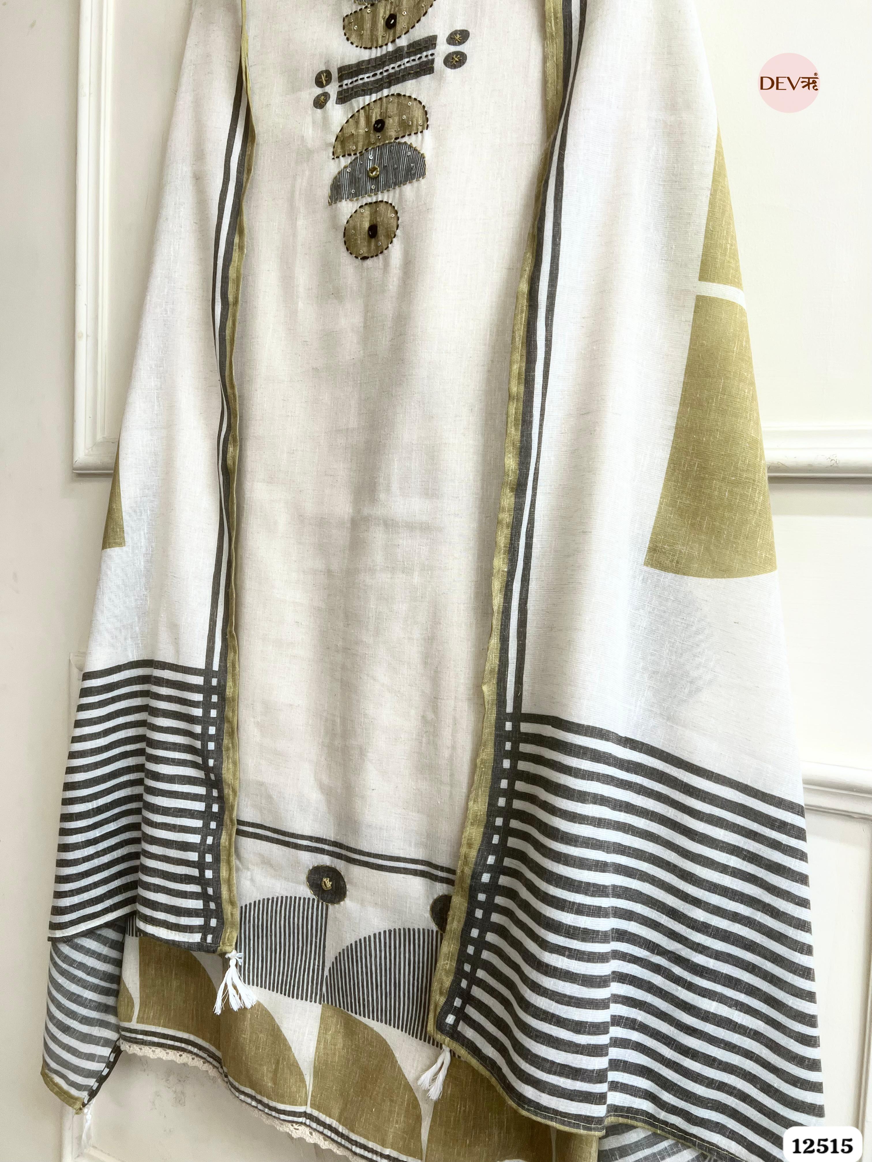 Ivory & Olive Linen Cotton Printed Unstitched 3-Piece Suit (Devri – D.No 12515)