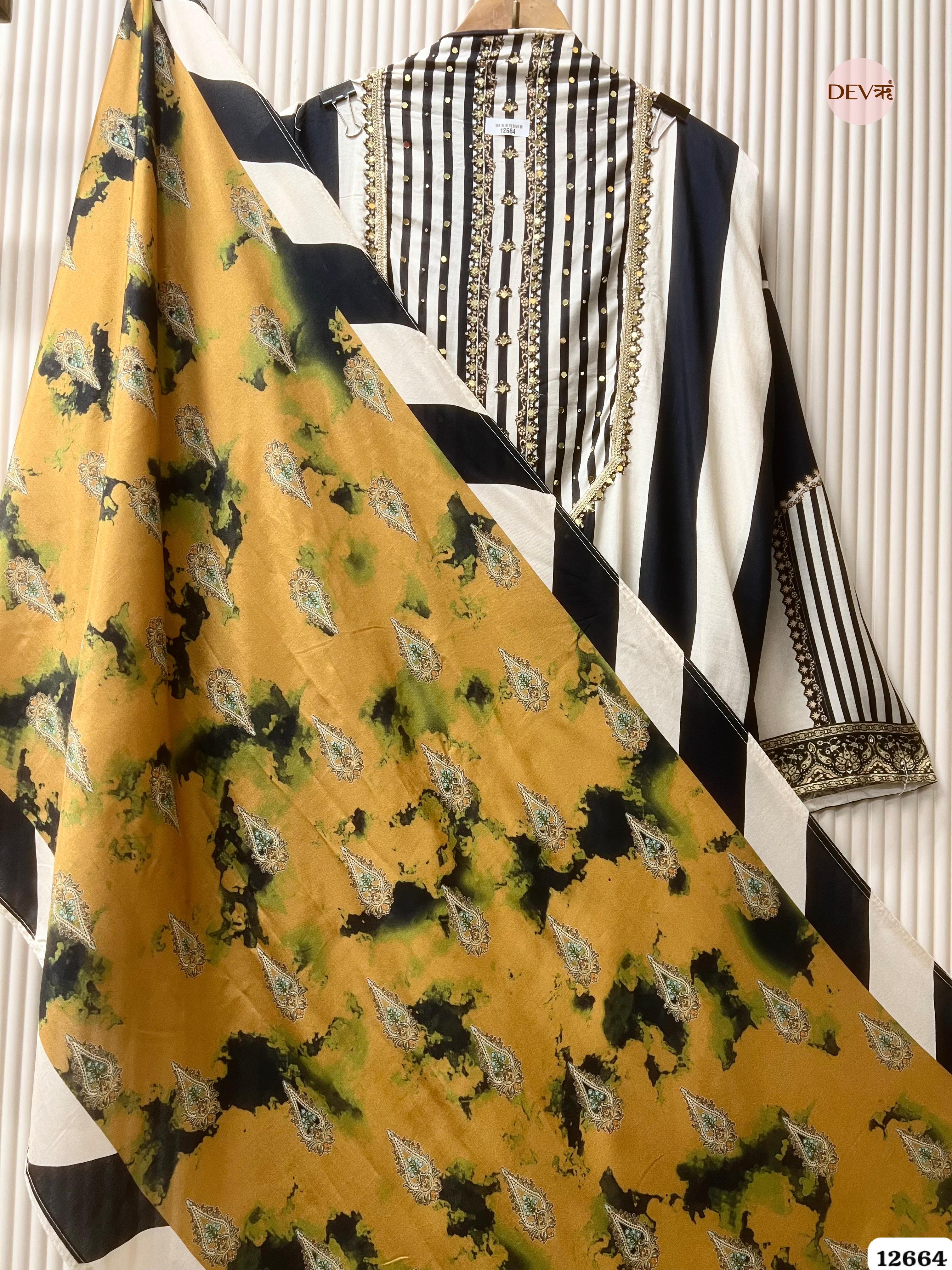 Ivory & Mustard Muslin Printed Unstitched 3-Piece Suit (Devri – D.No 12664)
