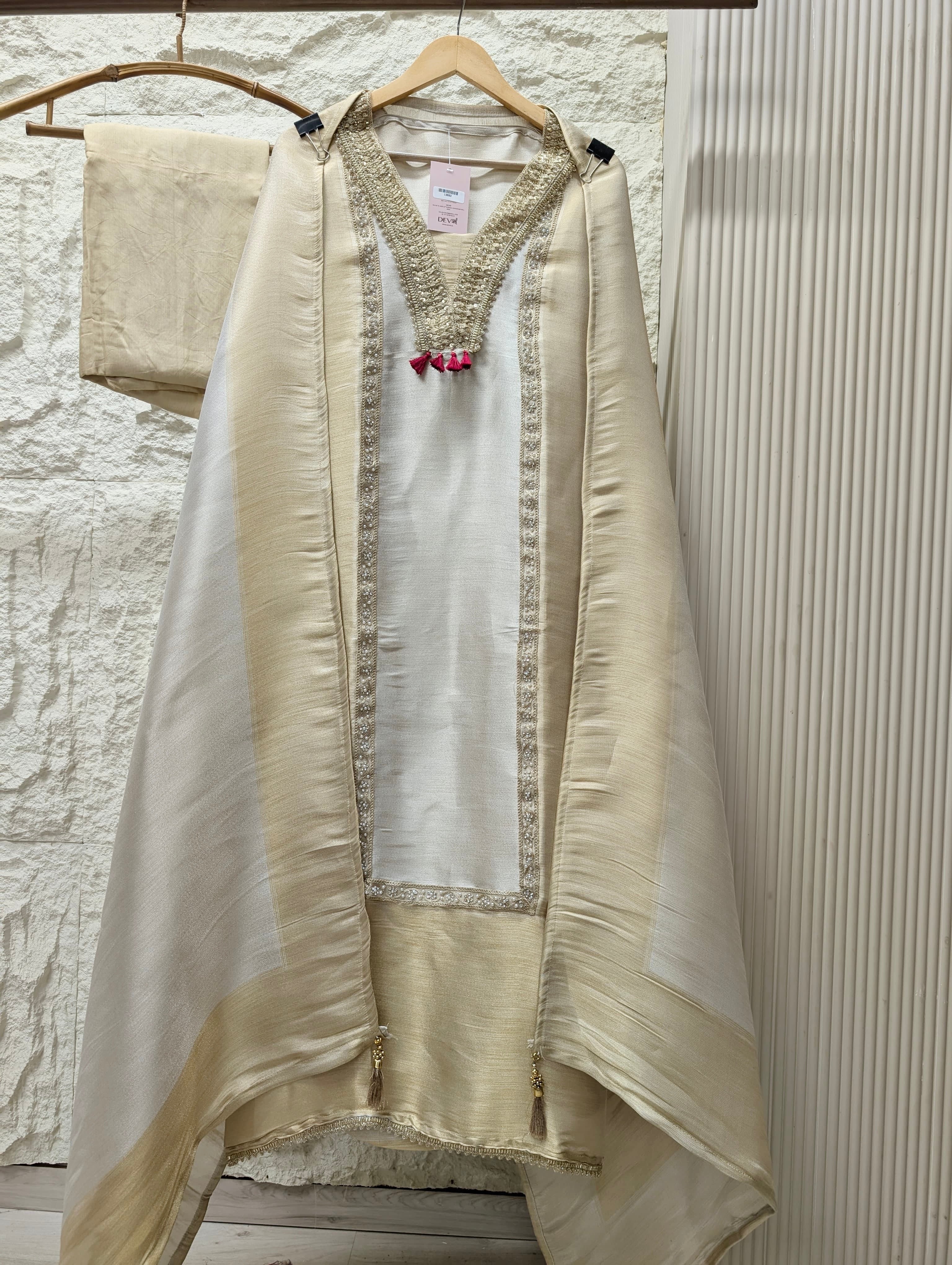Cream Tissue Slik Embroidered Unstitched 3-Piece Suit (Devri – D.No 13692)