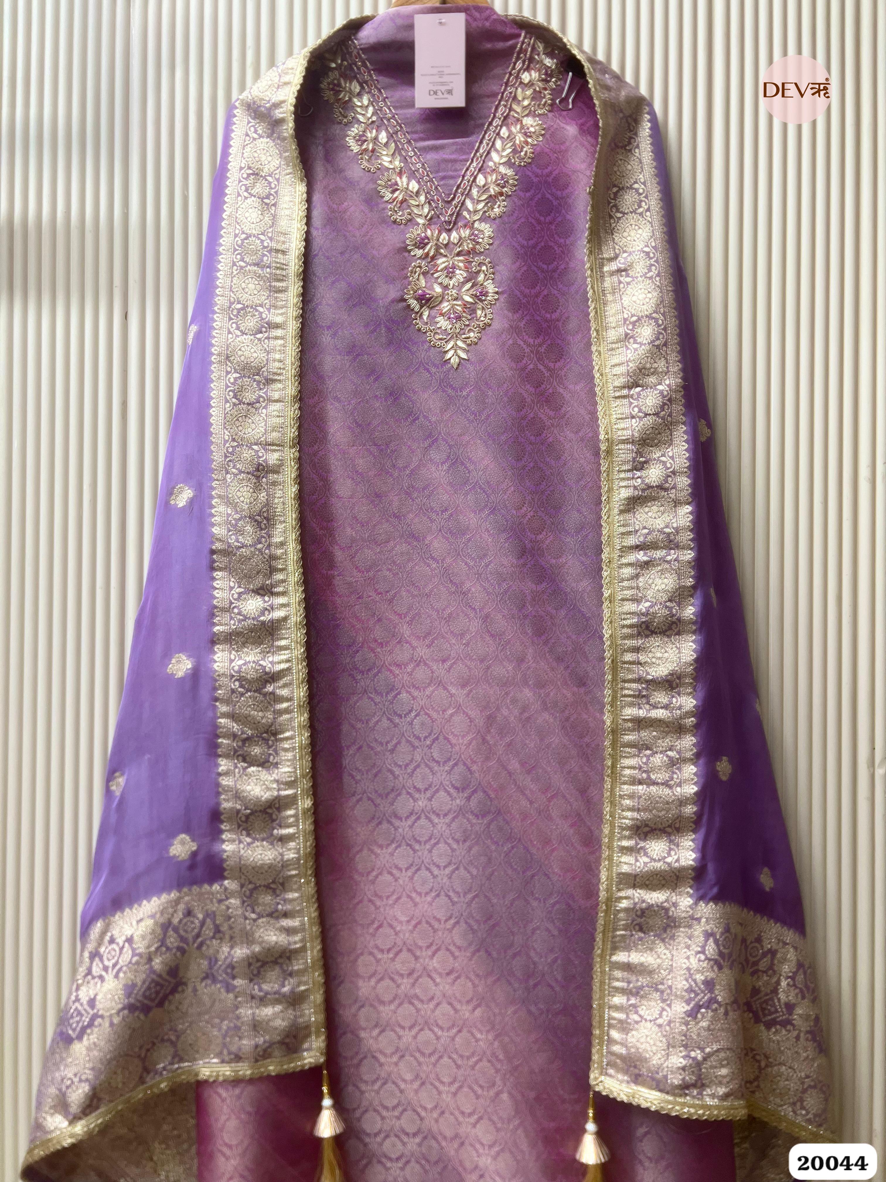 Royal Lilac Banarasi Tissue Embroidered Unstitched 3-Piece Suit (Devri – D.No 20044)