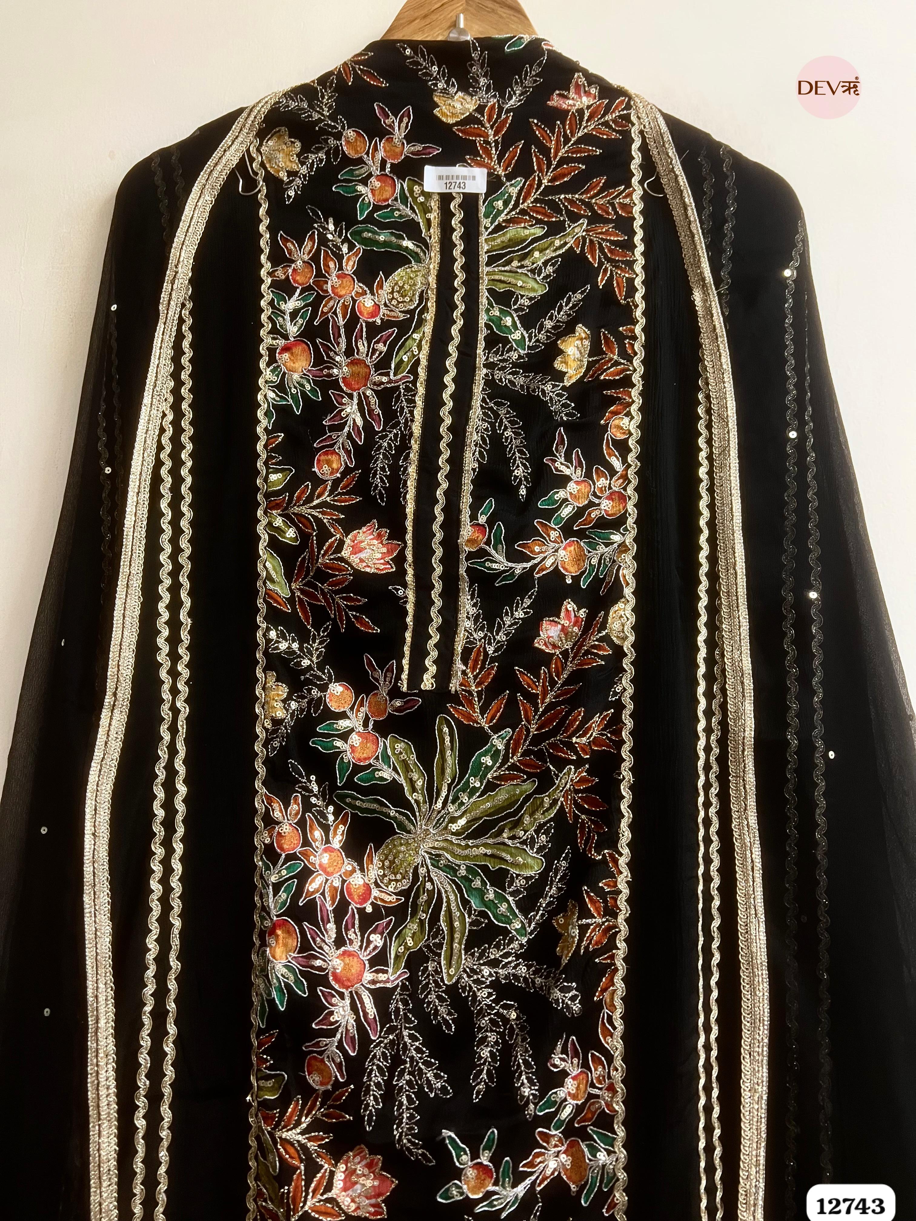 Black Chinon Embroidered Unstitched 3-Piece Suit (Devri – D.No 12743)