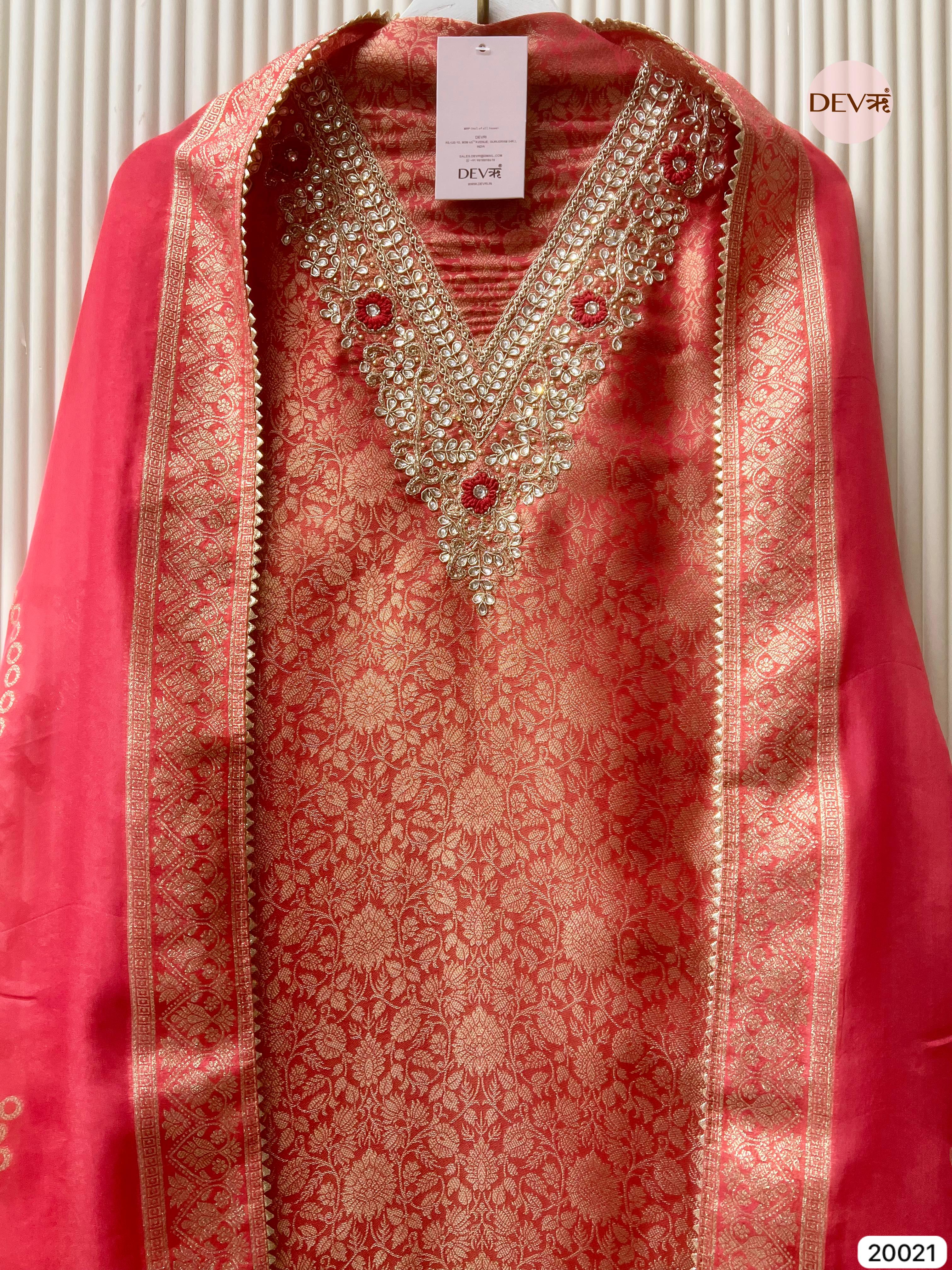 Coral Pink Tissue Jacquard Embroidered Unstitched 3-Piece Suit (Devri – D.No 20021)