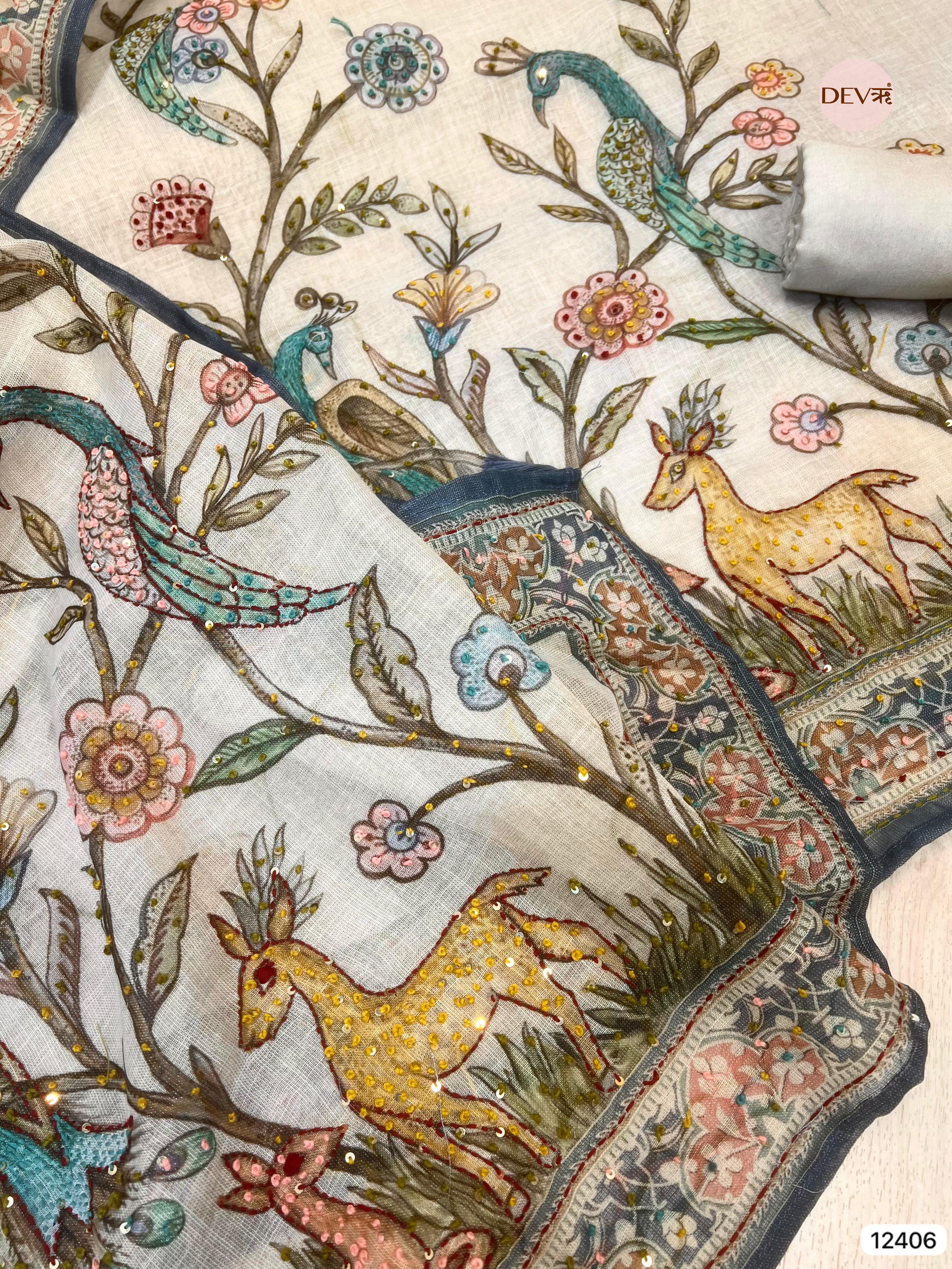 Beige Pure Linen Cotton Printed Unstitched 3-Piece Suit (Devri – D.No 12406)