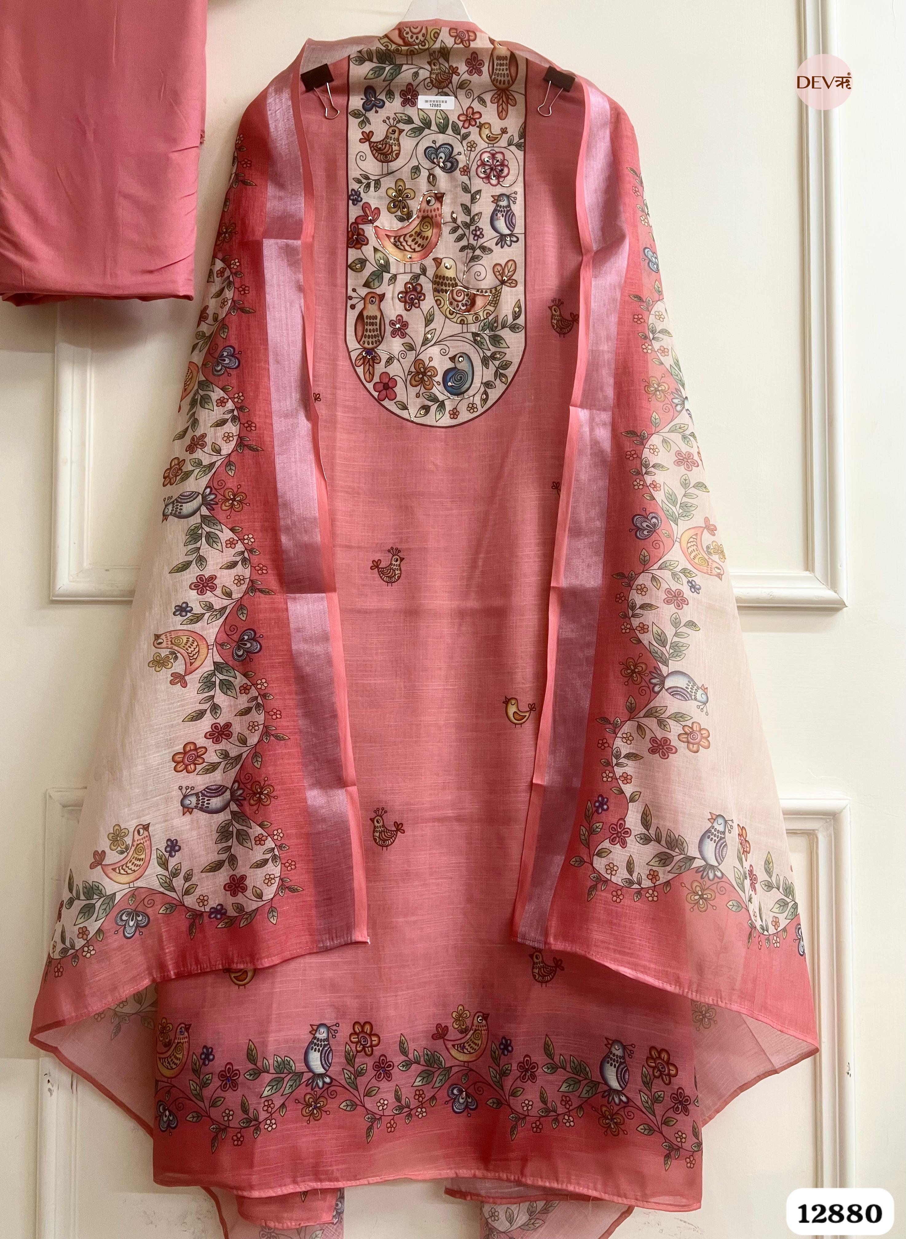 Pink Linen Cotton Printed Unstitched 3-Piece Suit (Devri – D.No 12880)