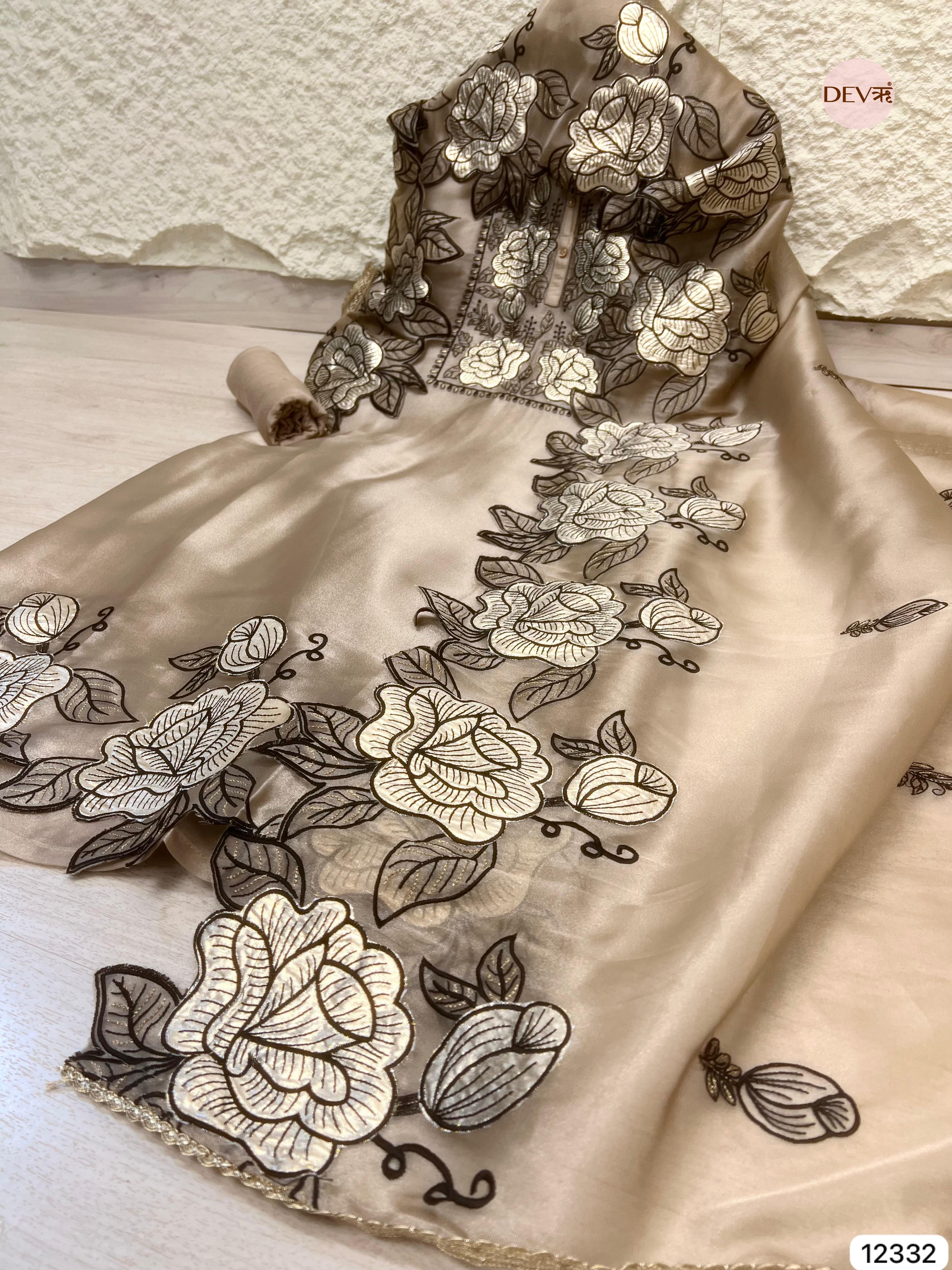 Beige Tissue Shimmer Embroidered Unstitched 3-Piece Suit (Devri – D.No 12332)