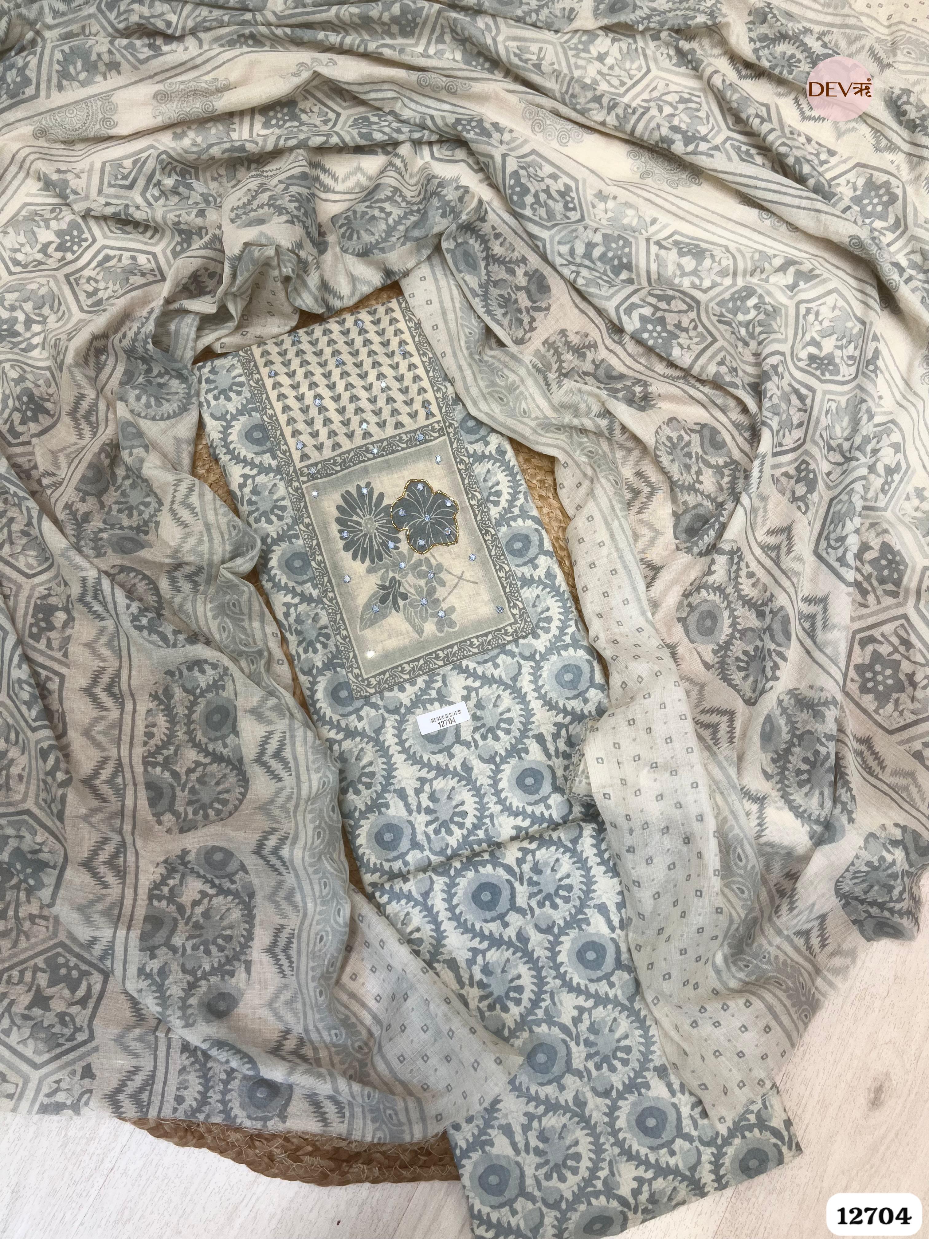 Grey Cotton Printed Unstitched 3-Piece Suit (Devri – D.No 12704)