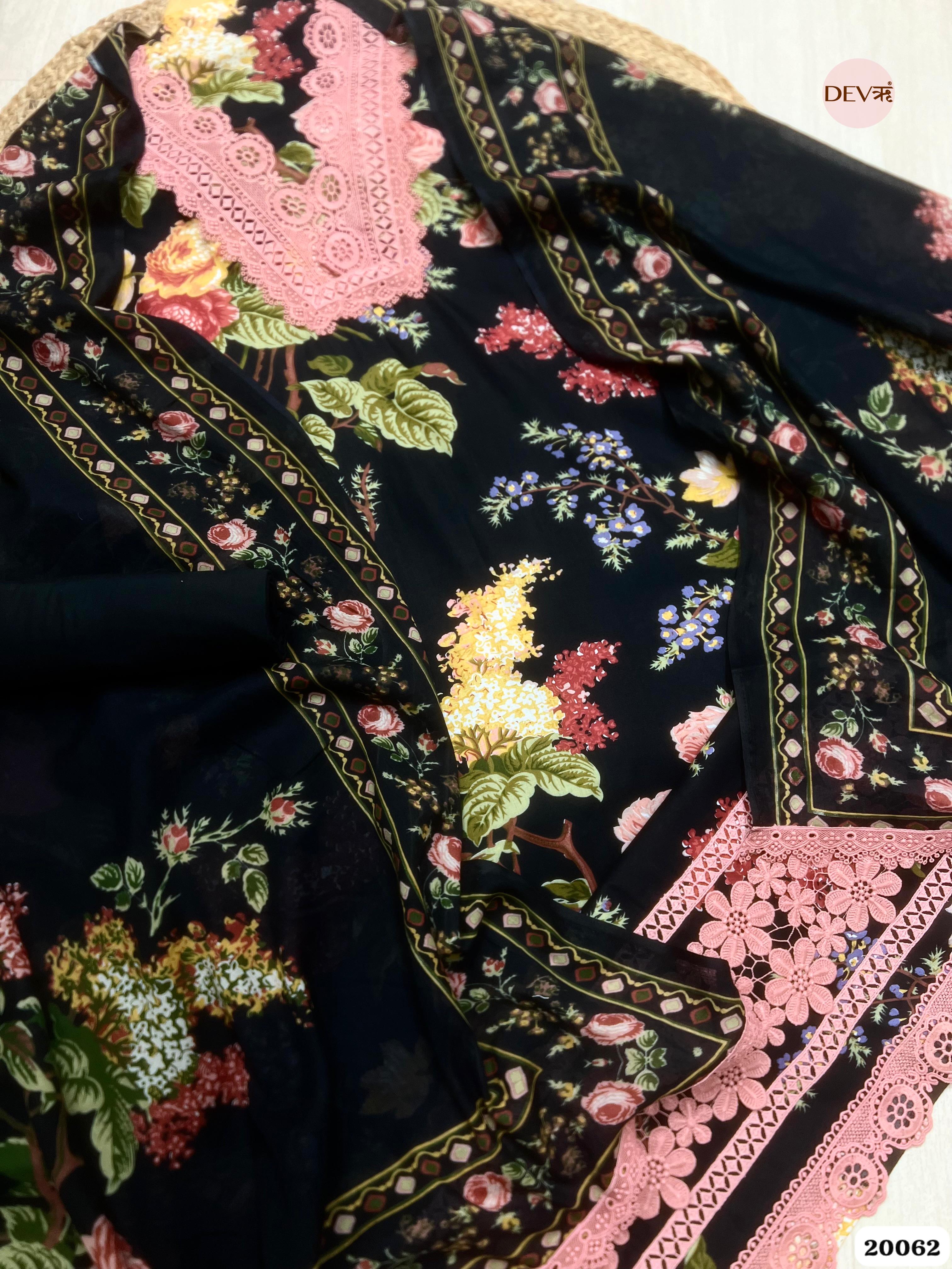 Black Cotton Printed Unstitched 3-Piece Suit (Devri – D.No. 20062)