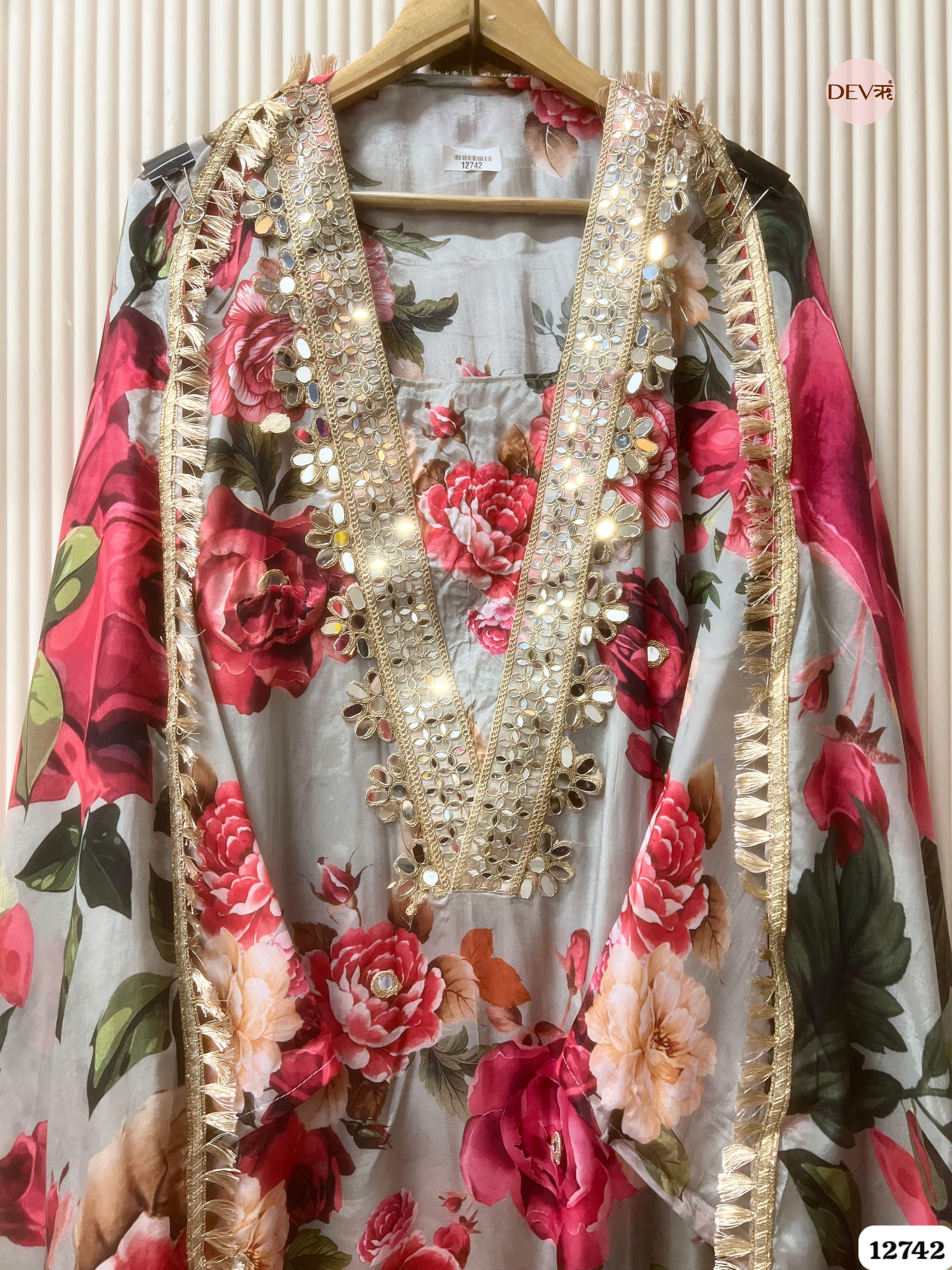 Grey Glass Organza Floral Printed Unstitched 3-Piece Suit (Devri – D.No 12742)