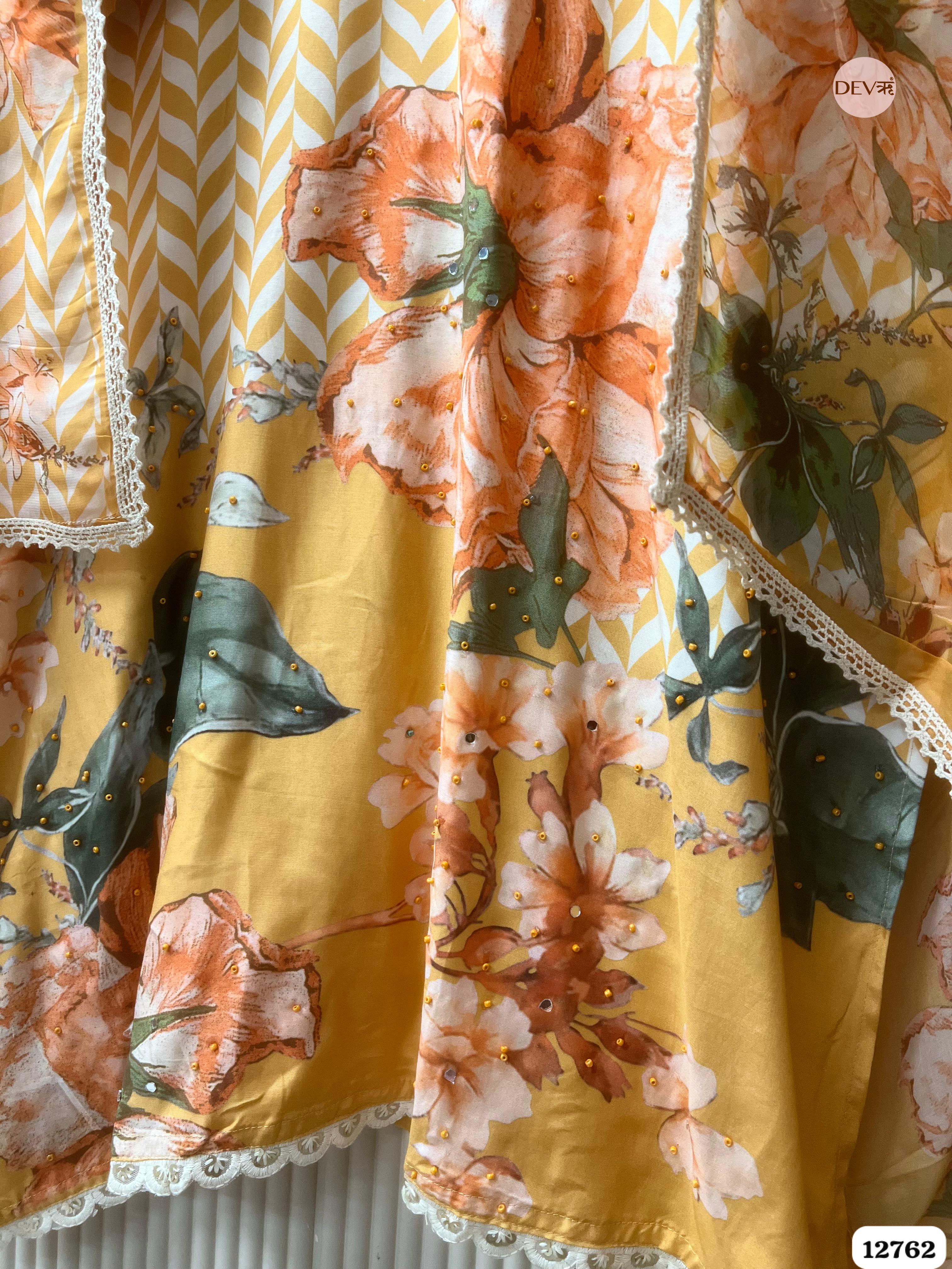 Yellow and Peach Muslin Printed Unstitched 3-Piece Suit (Devri – D.No 12762)