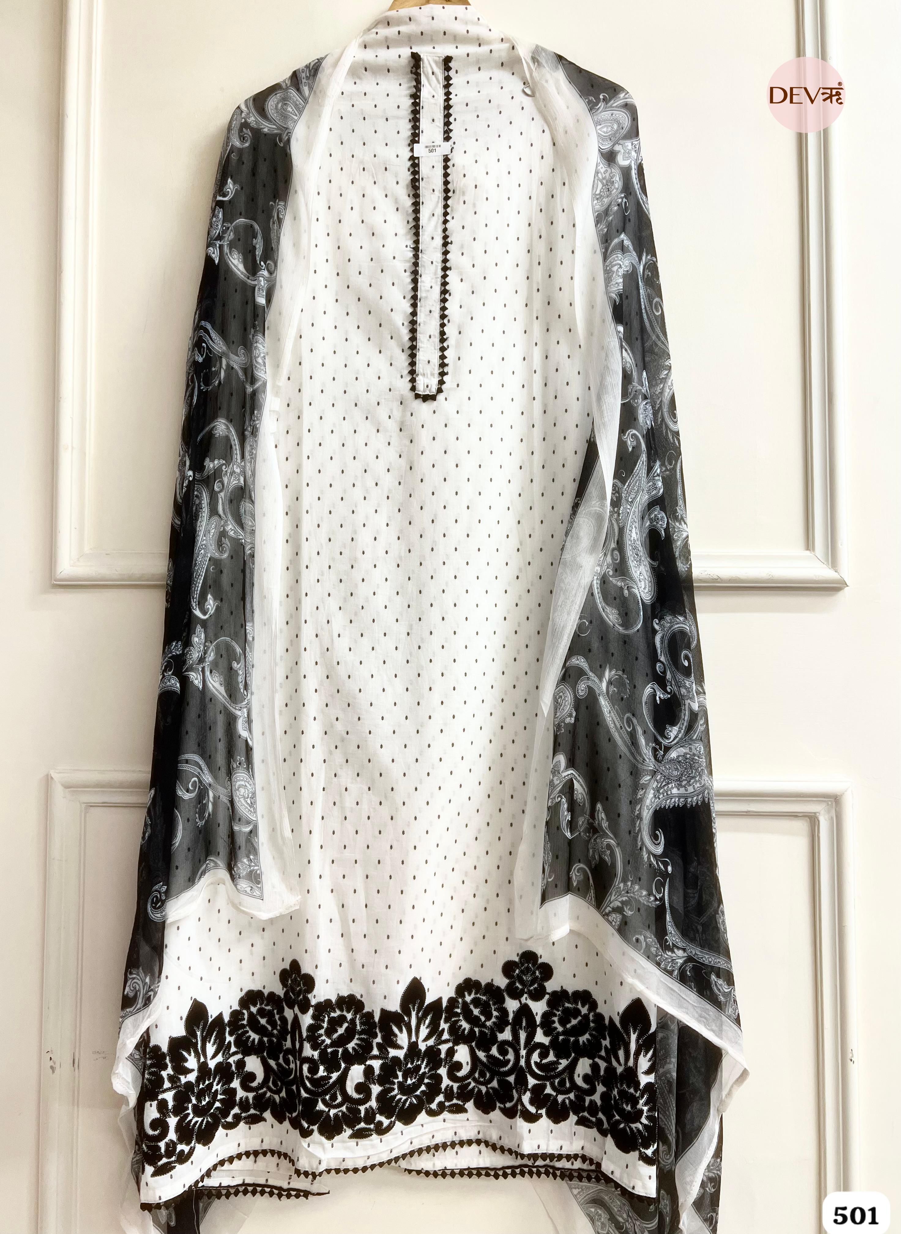 White Muslin Embroidered Unstitched 3-Piece Suit (Devri – D.No 501)