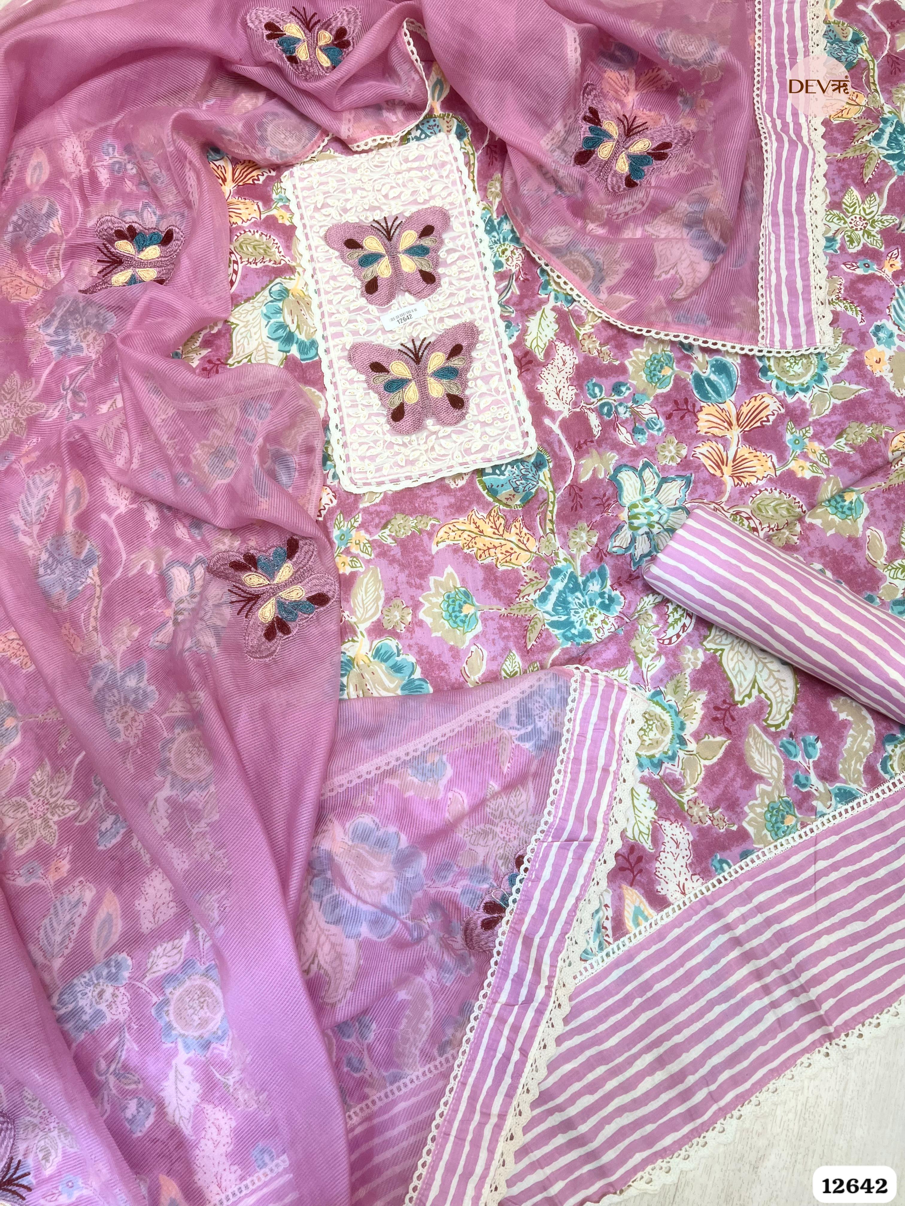 Pink Floral Cotton Unstitched 3-Piece Suit with Net Dupatta (Devri – D.No 12642)