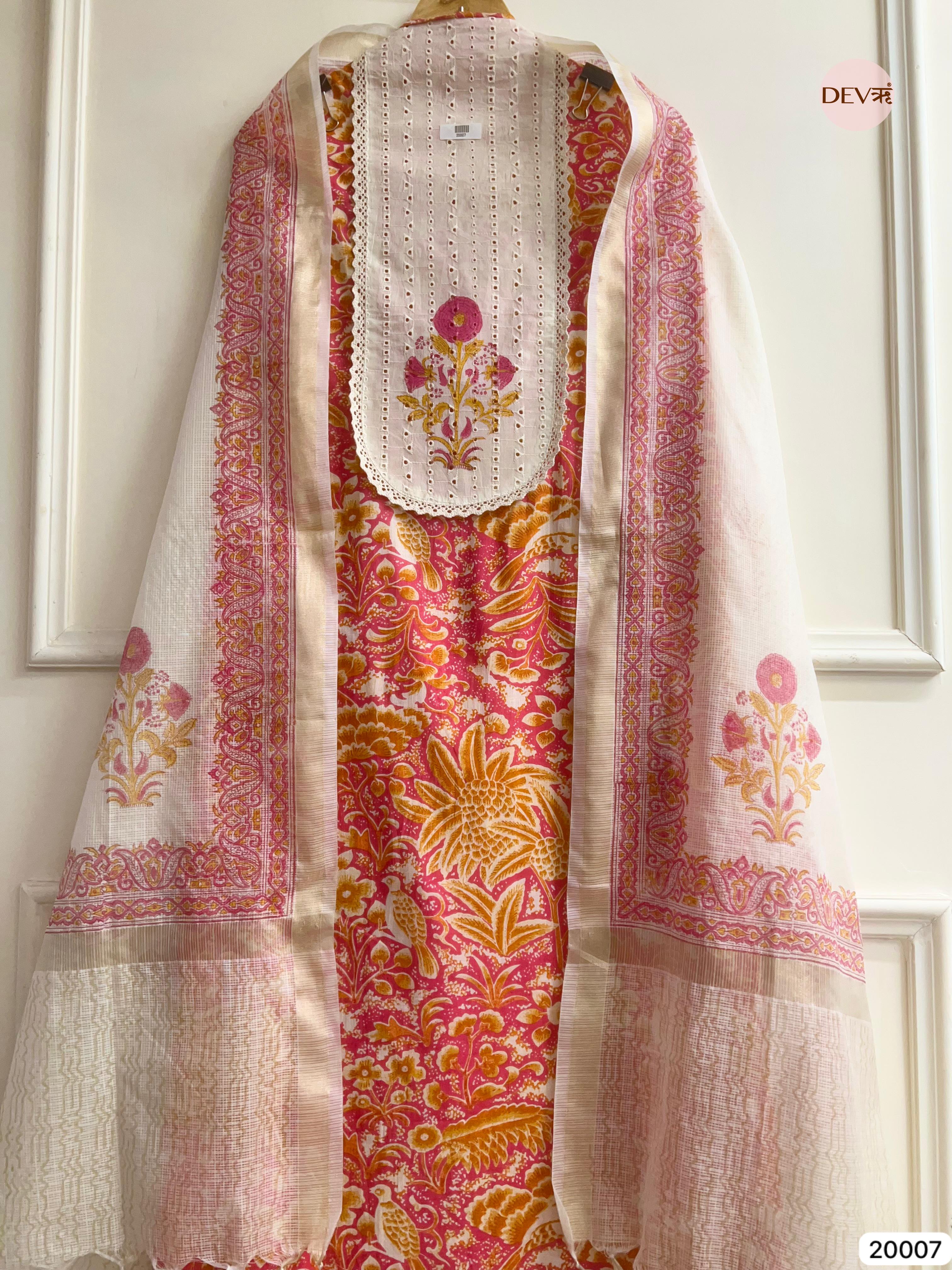 Pink and Mustard Pure Cotton Printed Unstitched 3-Piece Suit (Devri – D.No 20007)