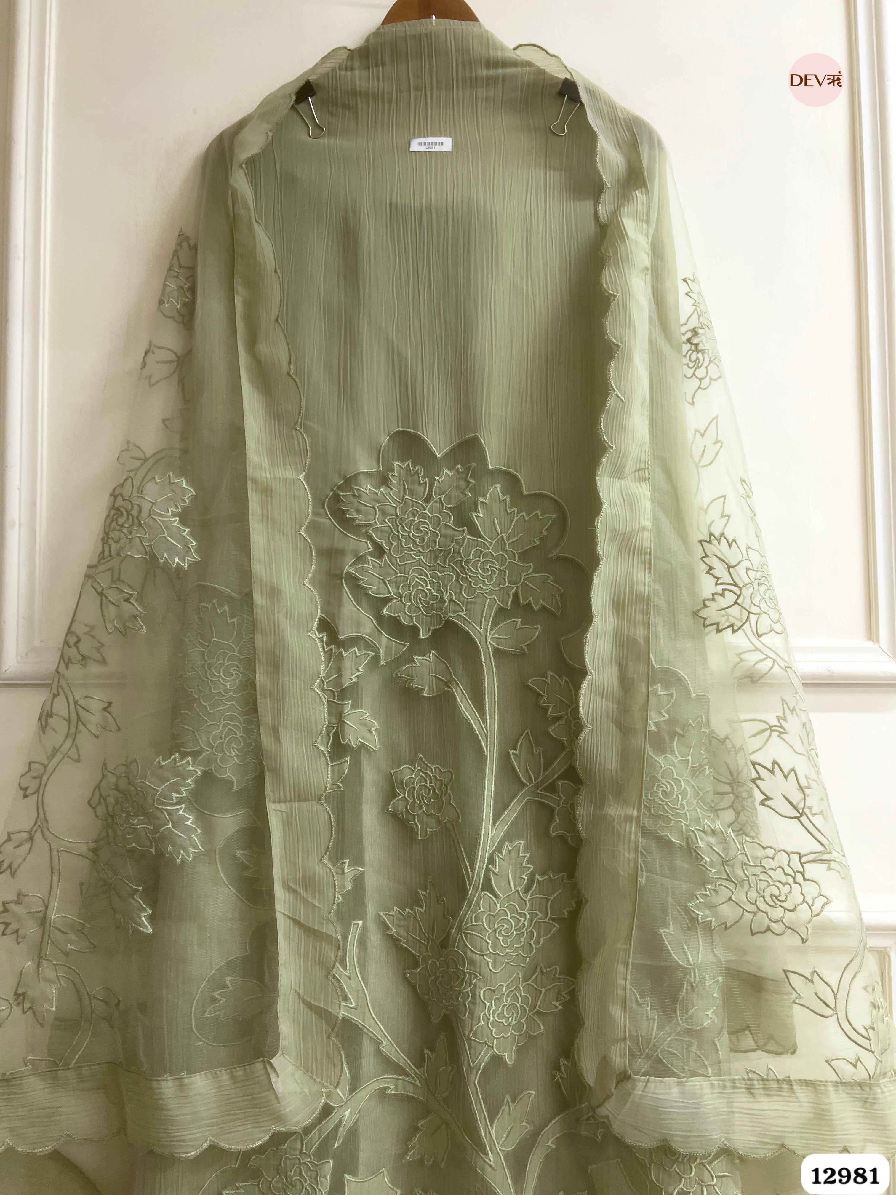 Green Tissue Crush Embroidered Unstitched 3-Piece Suit (Devri – D.No 12981)