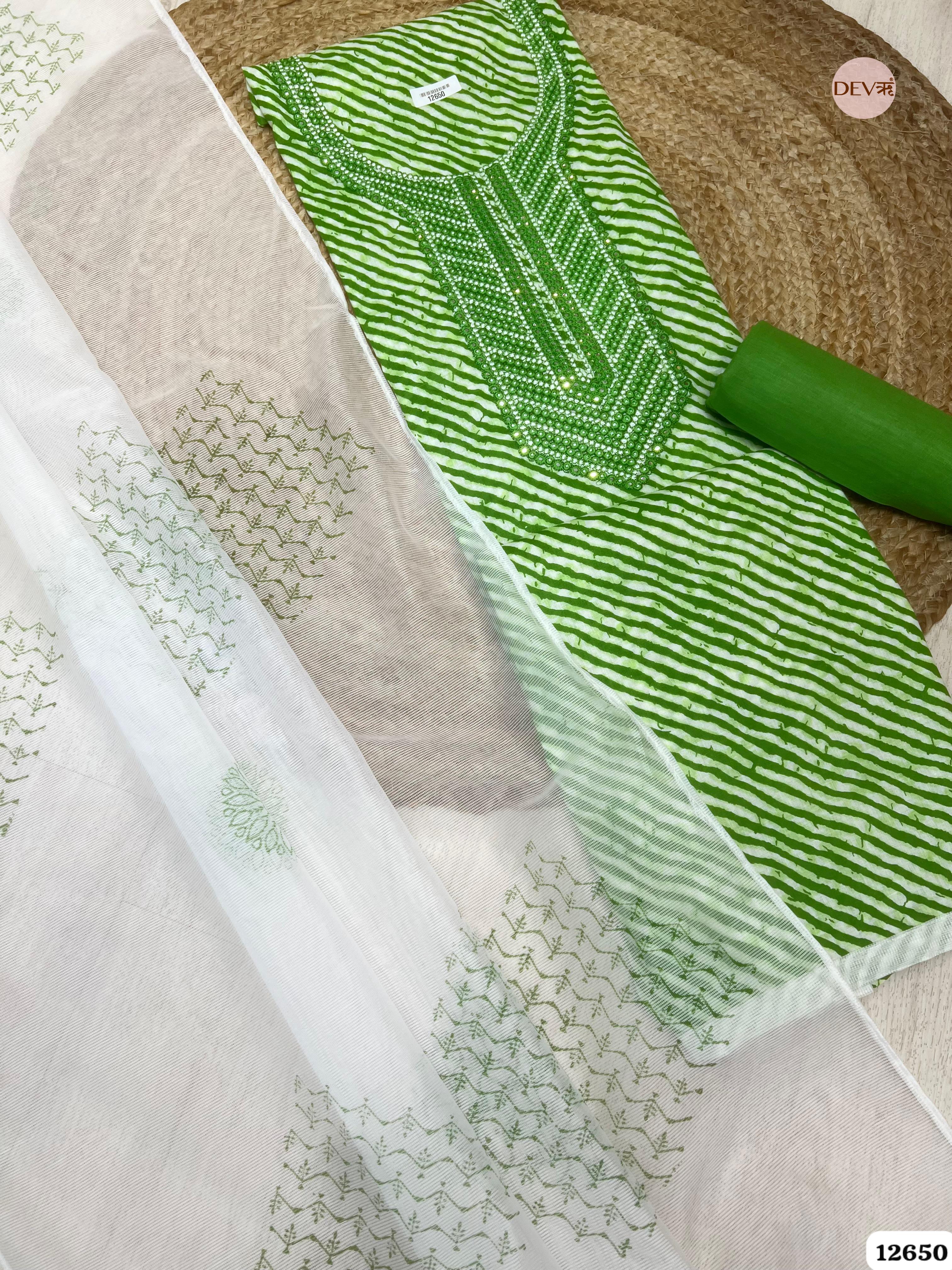 Green Cotton Printed & Embroidered Unstitched 3-Piece Suit (Devri – D.No. 12650)