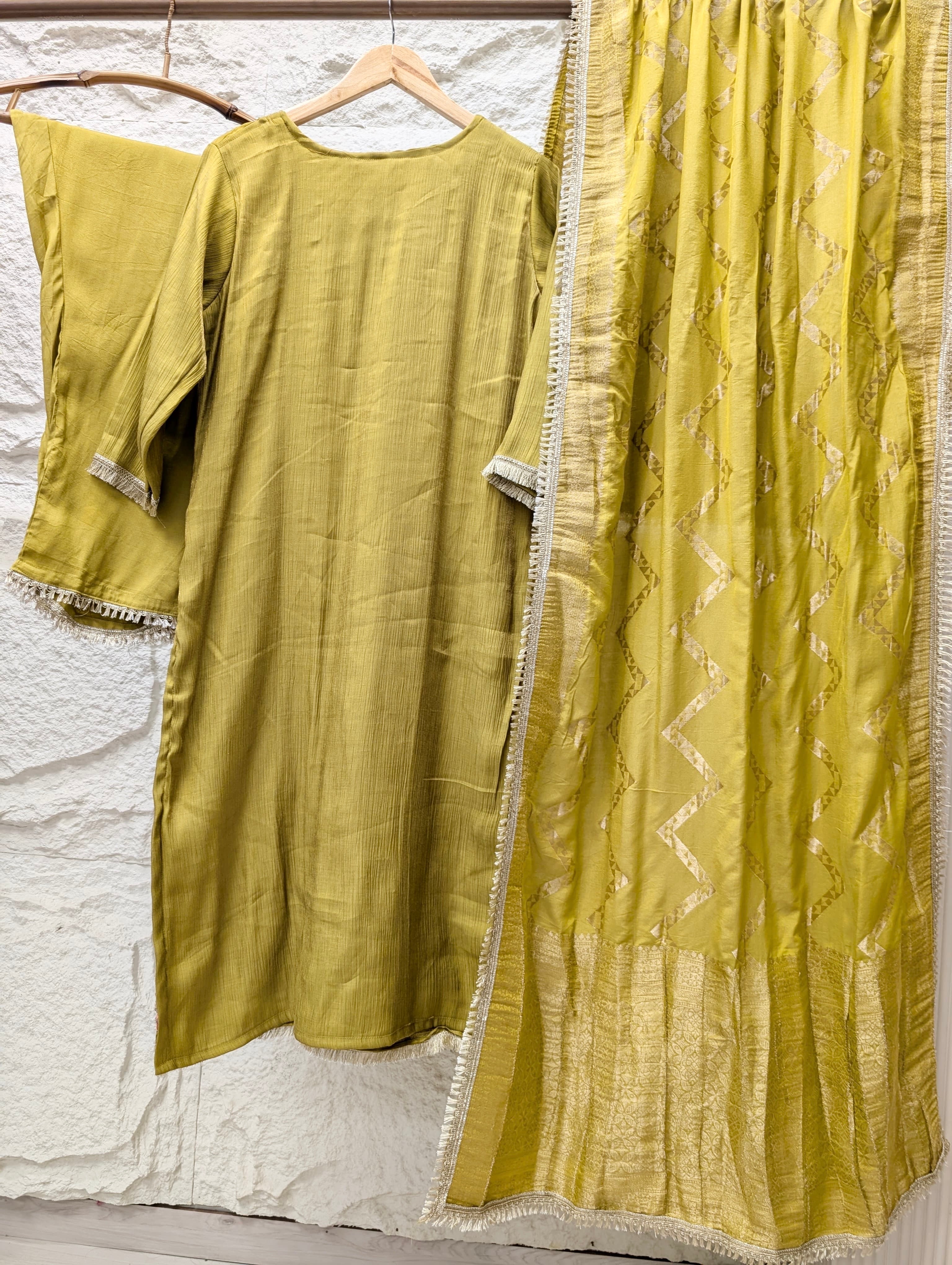 Gulnaar Tissue silk blend Embroidered Olive Green 3-Piece Set (Devri – D.No 13706)