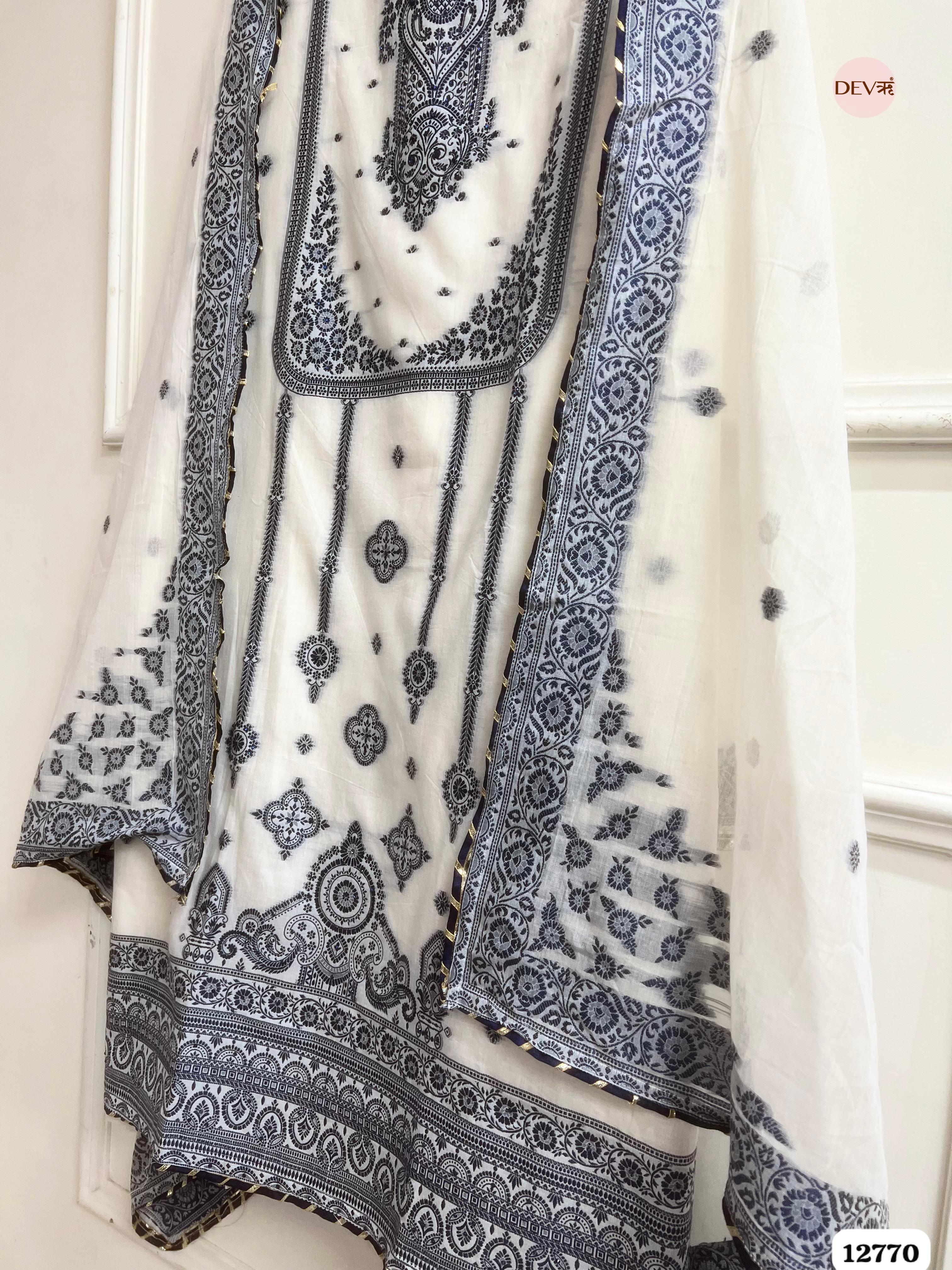 Off-White Jamdani Cotton Embroidered Unstitched 3-Piece Suit (Devri – D.No 12770)