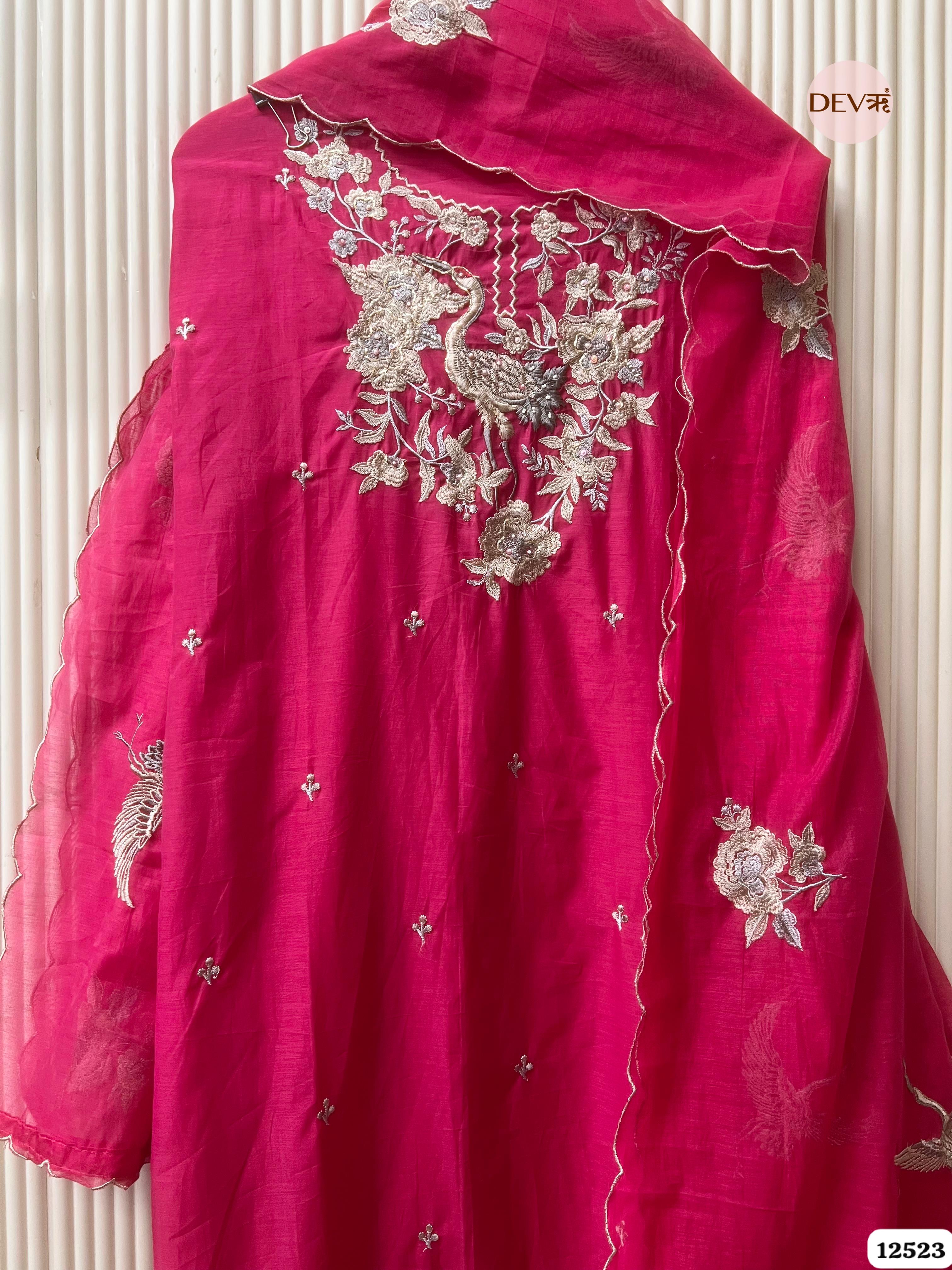 Deep Pink Pure Mul Chanderi Embroidered Unstitched 3-Piece Suit (Devri – D.No .12523)