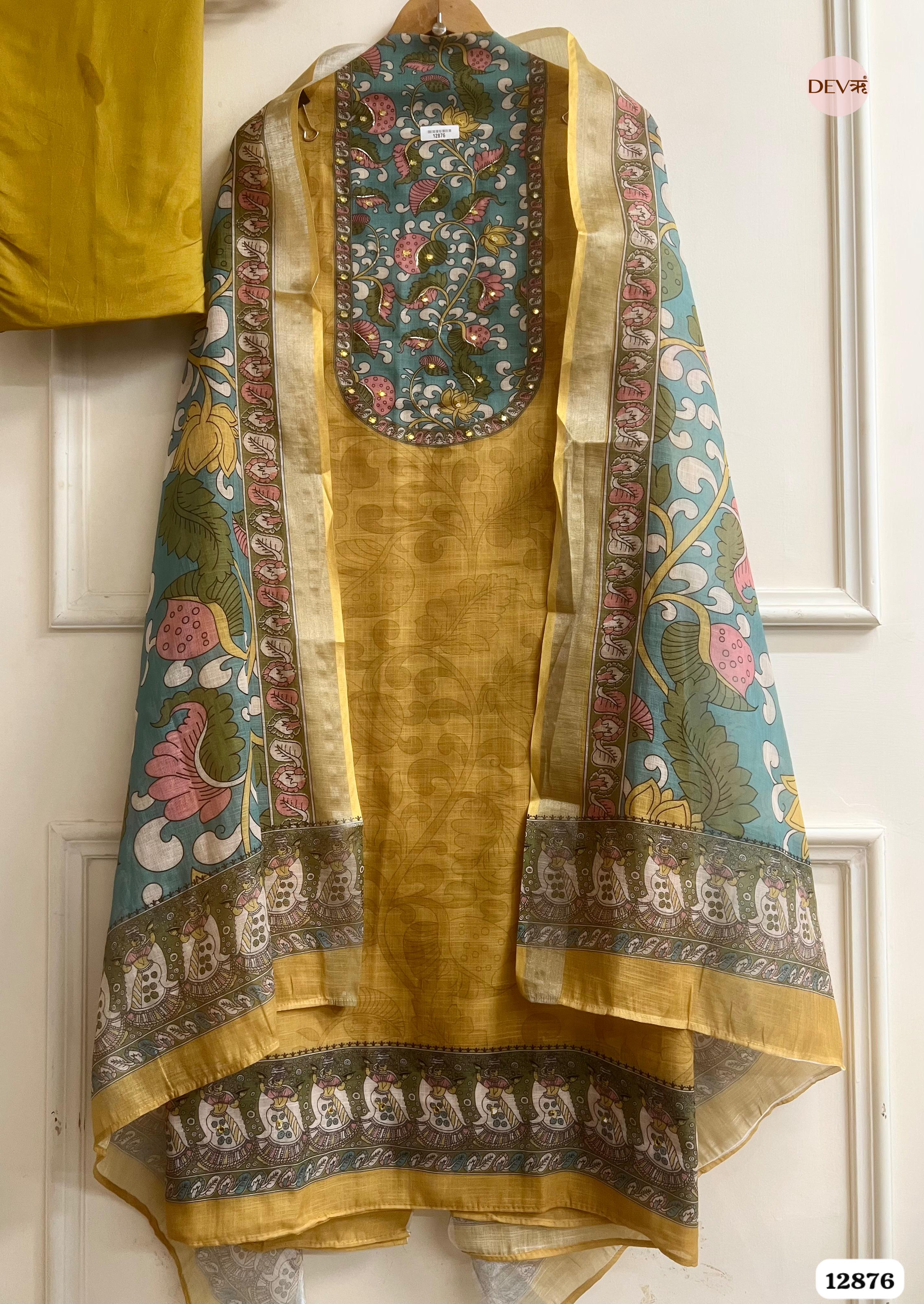 Mustard Yellow Linen Cotton Printed Unstitched 3-Piece Suit (Devri – D.No 12876)