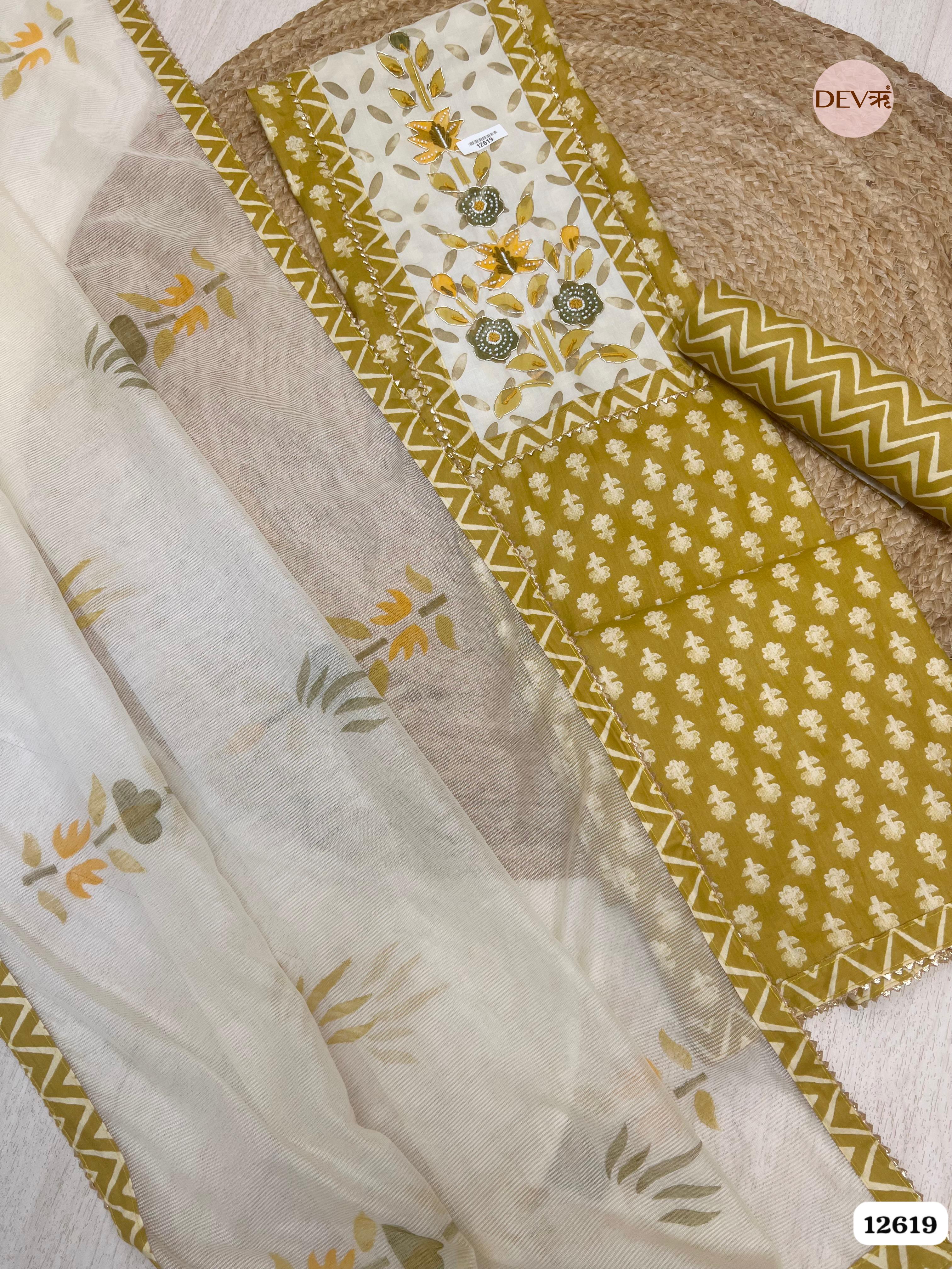 Mustard & White Cotton Printed Unstitched 3-Piece Suit (Devri – D.No 12619)