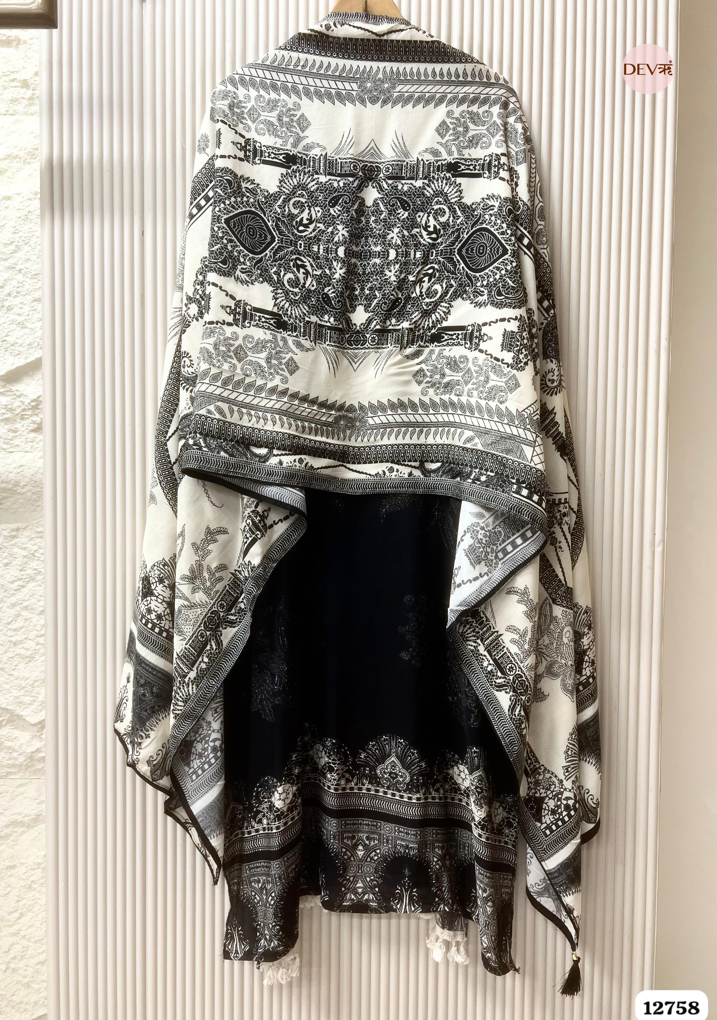 Black Muslin Printed Unstitched 3-Piece Suit (Devri – D.No 12758)