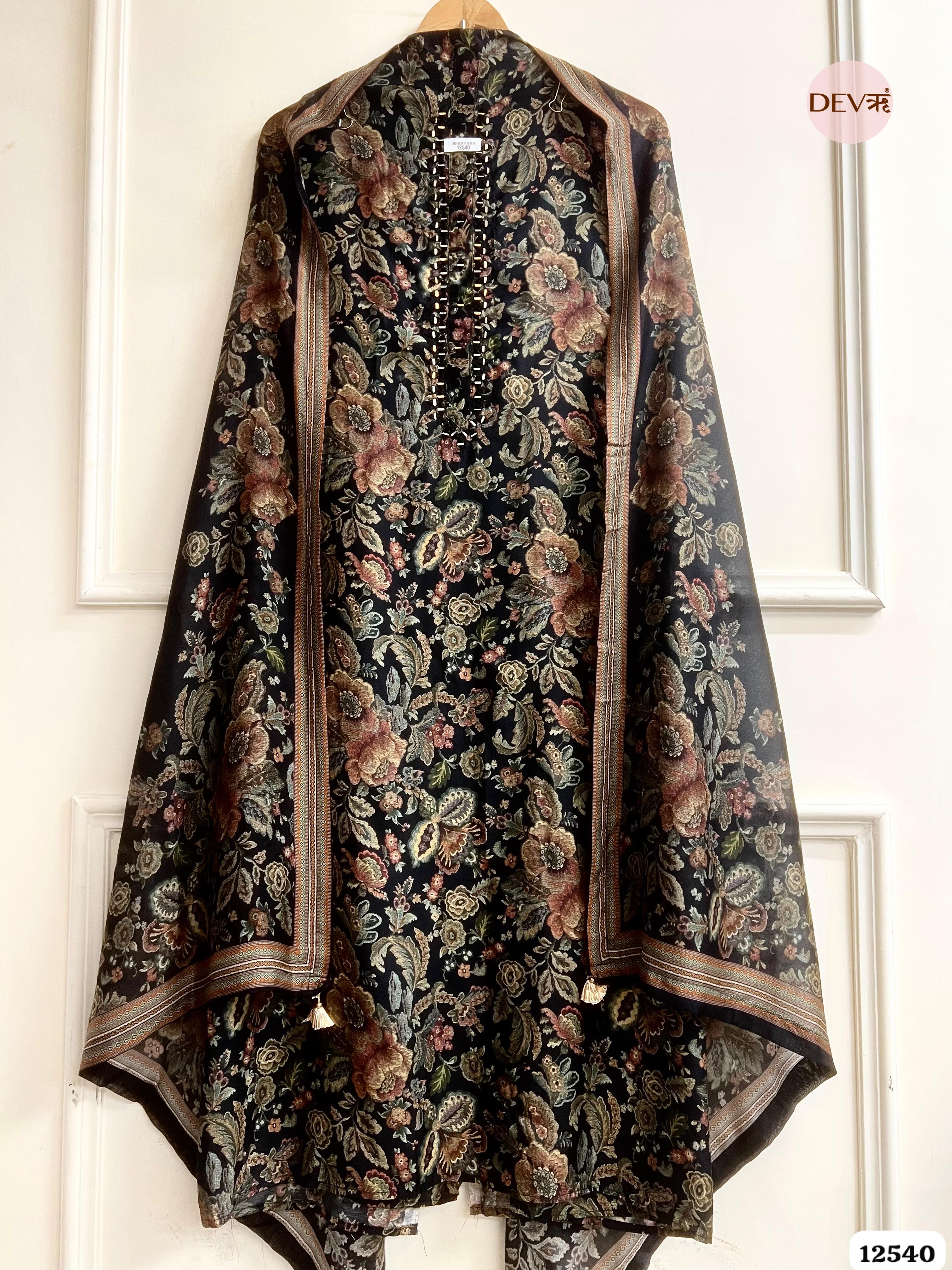 Black Muslin Printed Unstitched 3-Piece Suit (Devri – D.No. 12540)