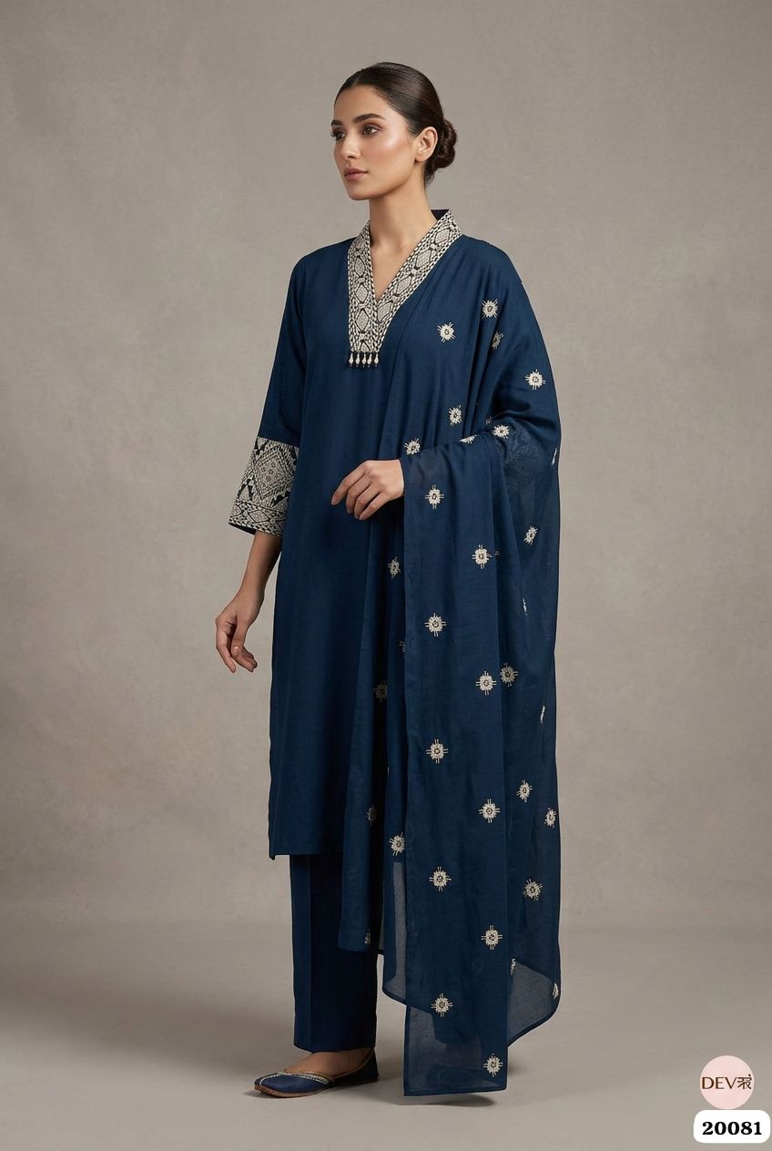 Naira Cotton Slub Embroidered Navy Blue 3-Piece Set (Devri – D.No 20081)
