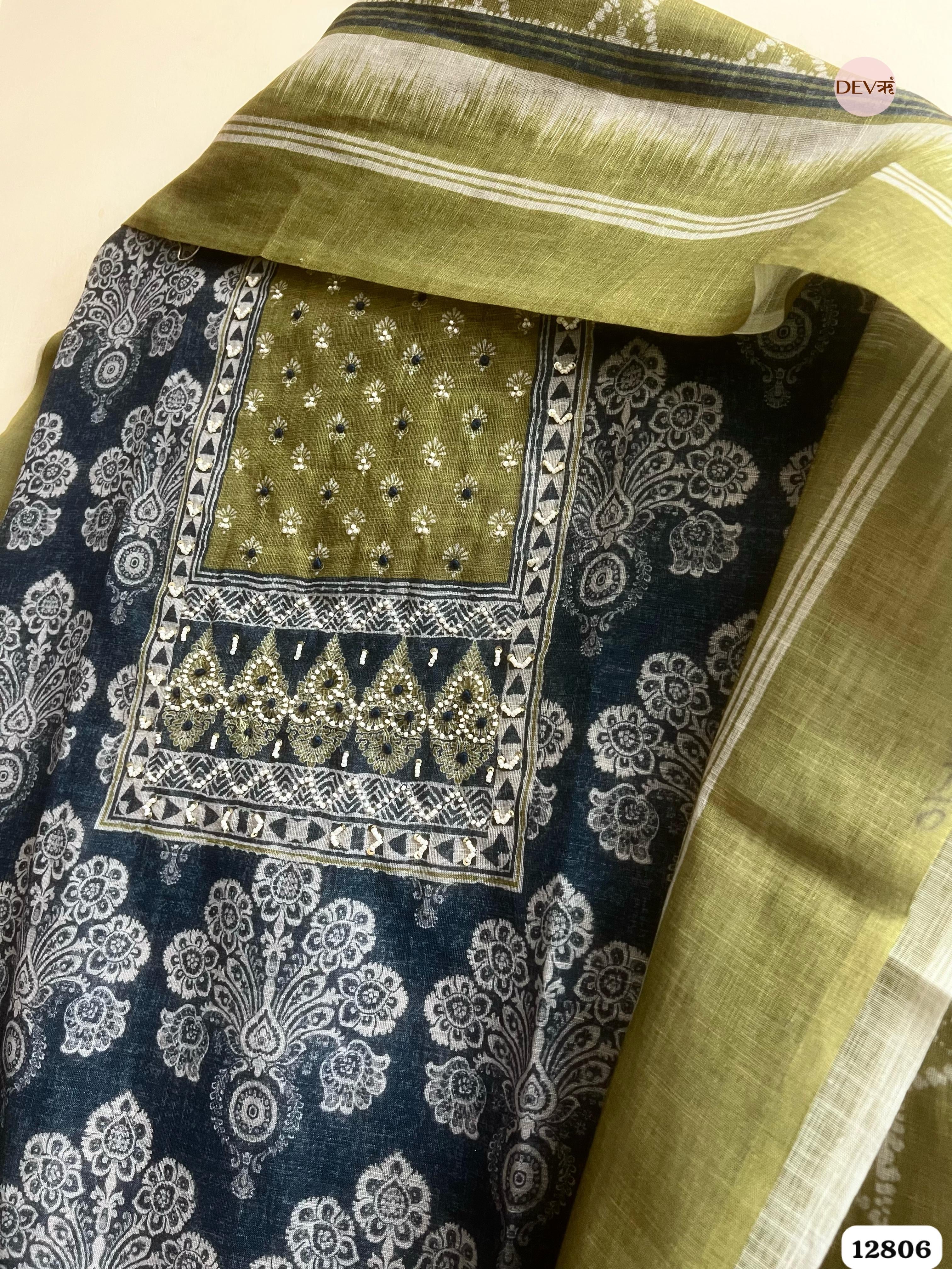 Olive Linen Cotton Printed Unstitched 3-Piece Suit (Devri – D.No 12806)