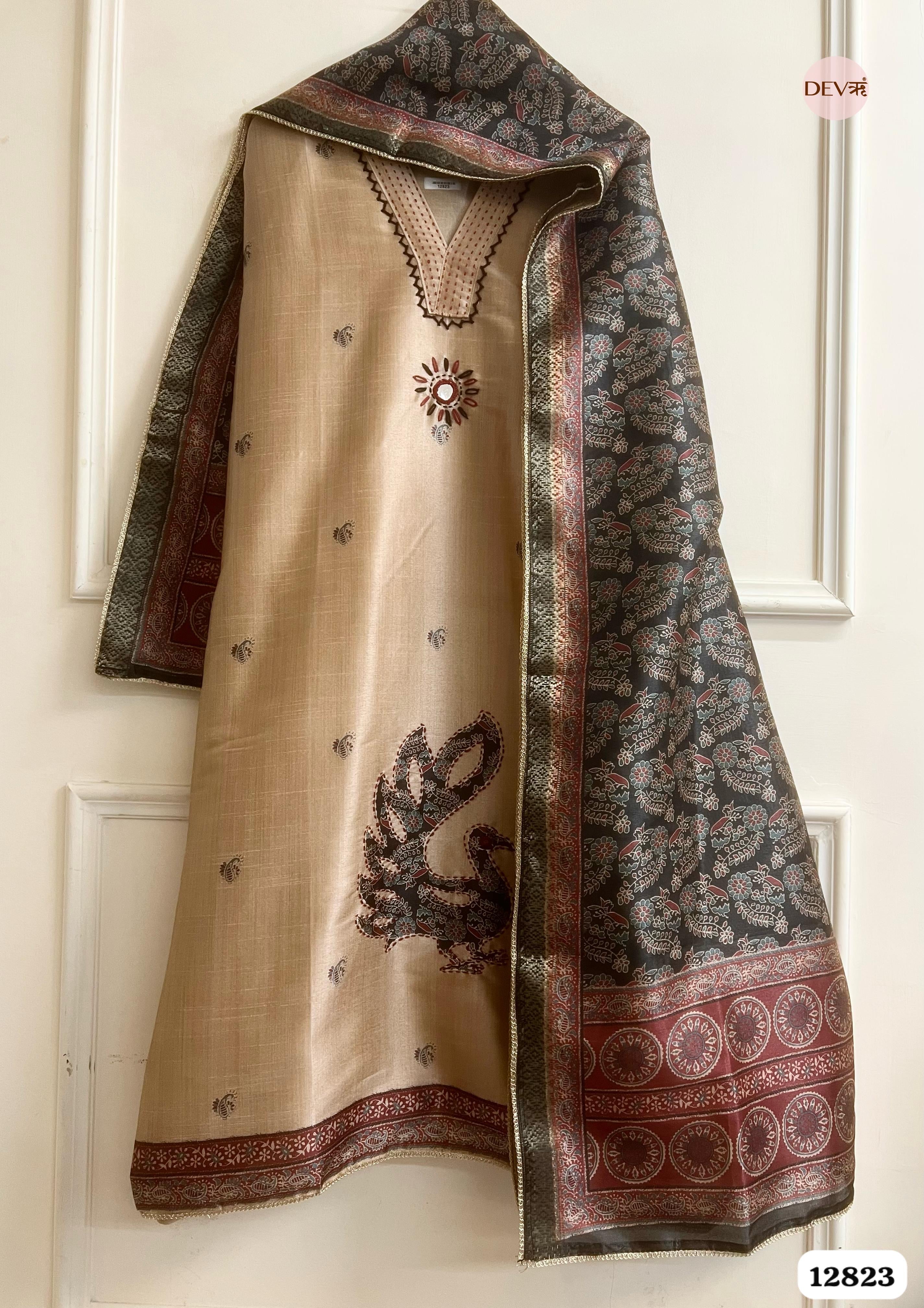 Beige Chanderi Silk Printed Unstitched 3-Piece Suit (Devri – D.No 12823)