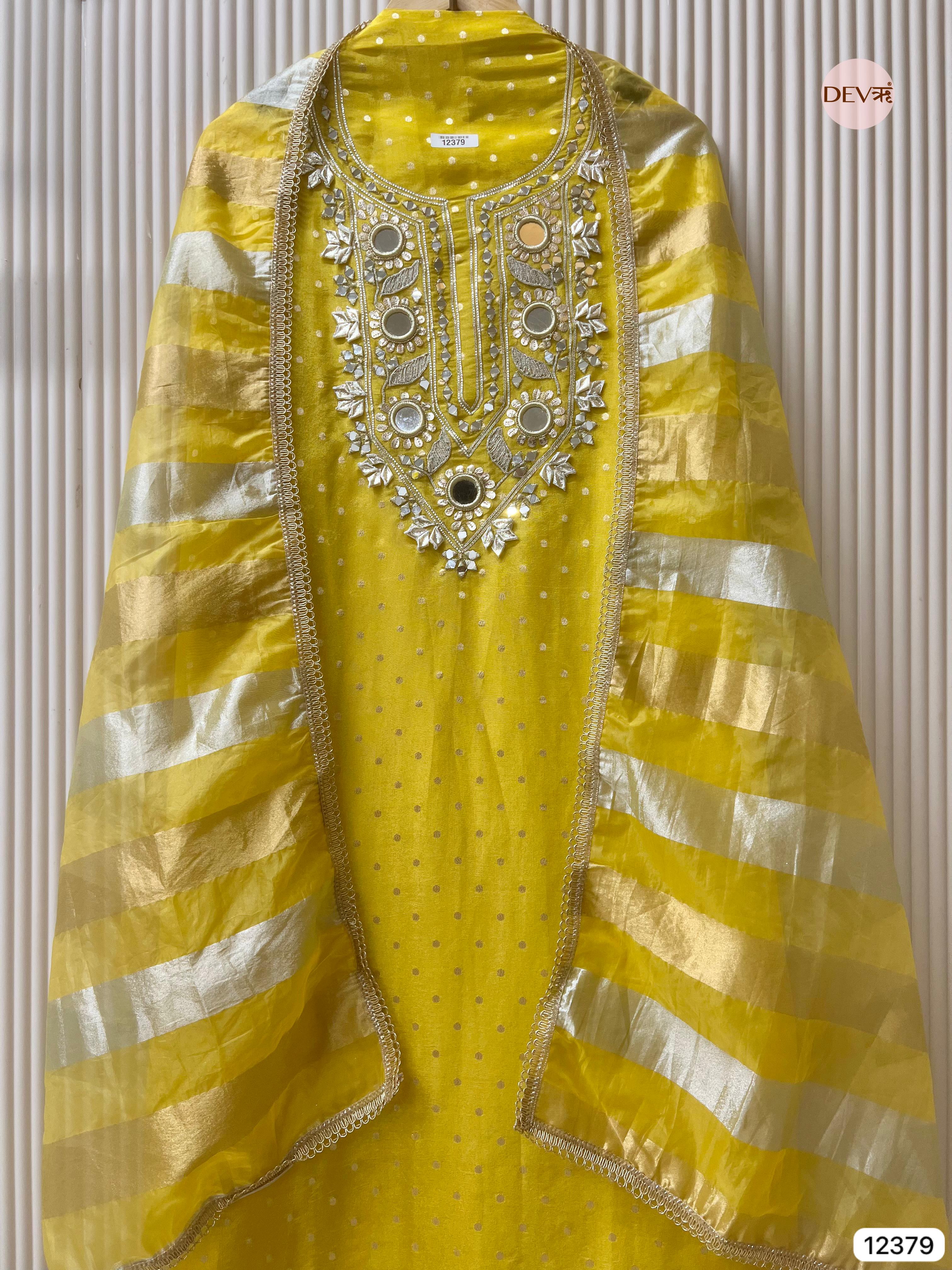 Sun Yellow Tissue Silk Embroidered Unstitched 3-Piece Suit (Devri – D.No 12379)