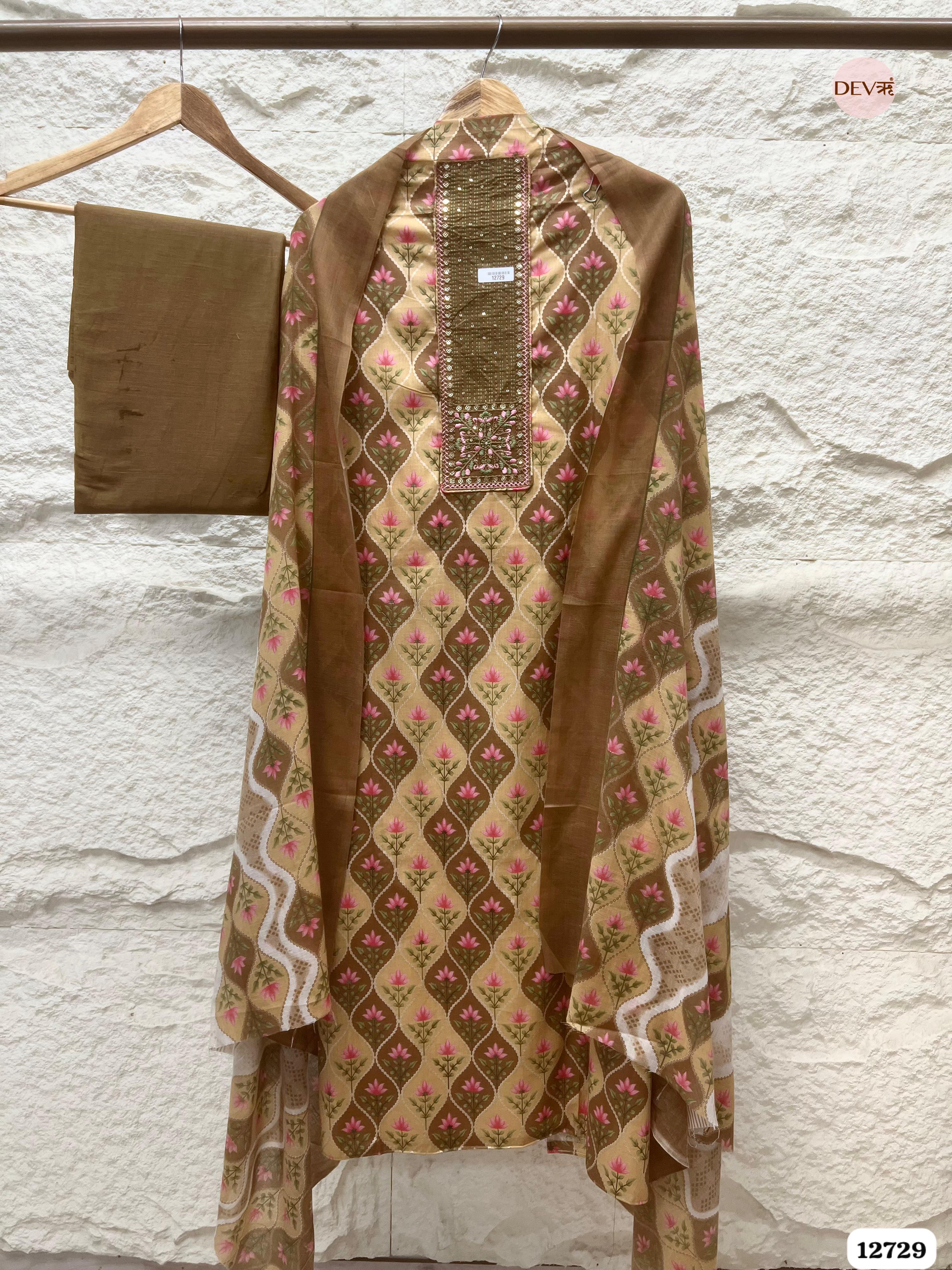Brown Cotton Embroidered Unstitched 3-Piece Suit (Devri – D.No 12729)