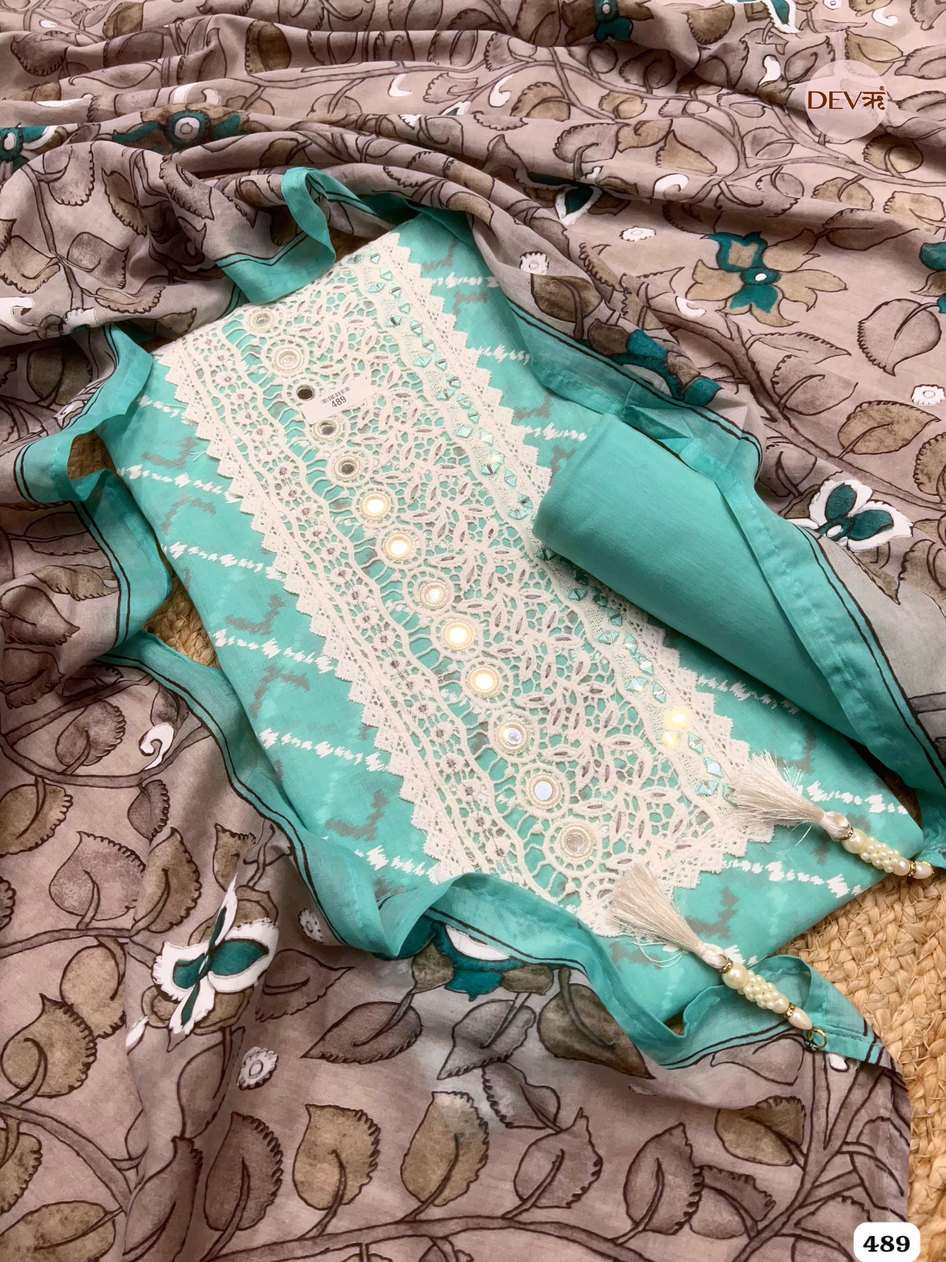 Sea Green Cotton Printed Unstitched 3-Piece Suit (Devri – D.No. 489)