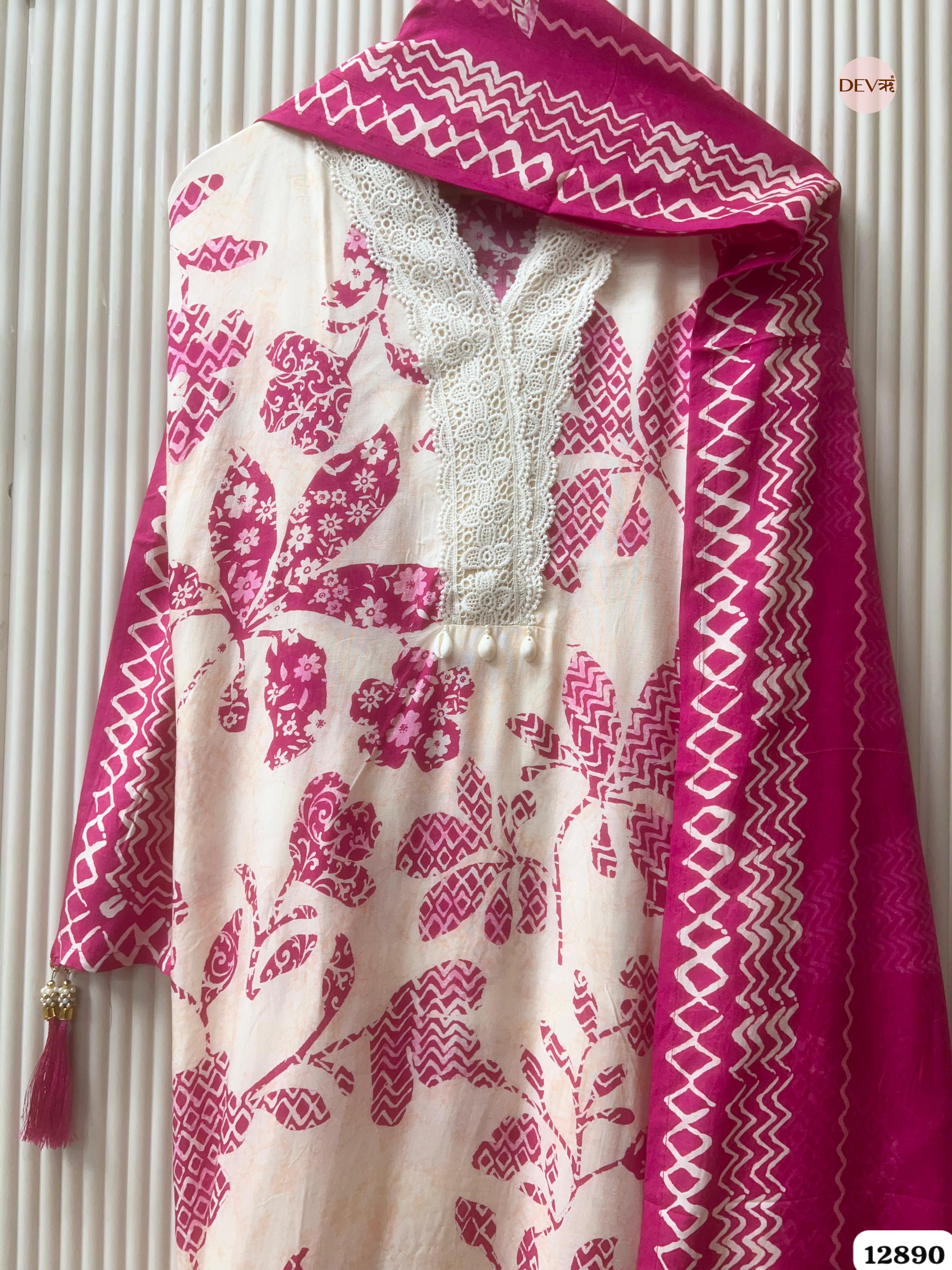 Pink Muslin Printed Unstitched 3-Piece Suit (Devri – D.No 12890)