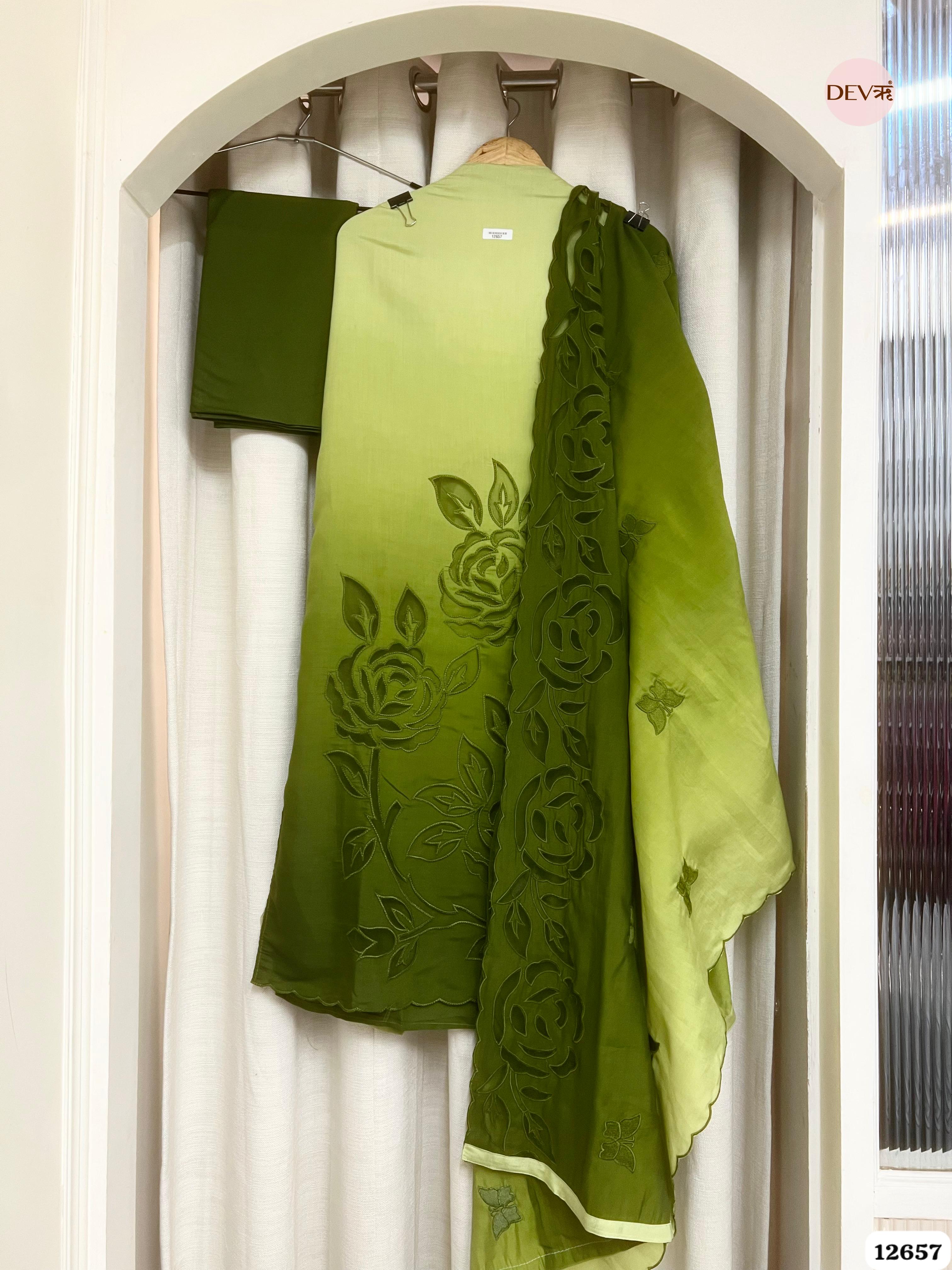 Ombre Green Mul Chanderi Embroidered Unstitched 3-Piece Suit (Devri – D.No 12657)