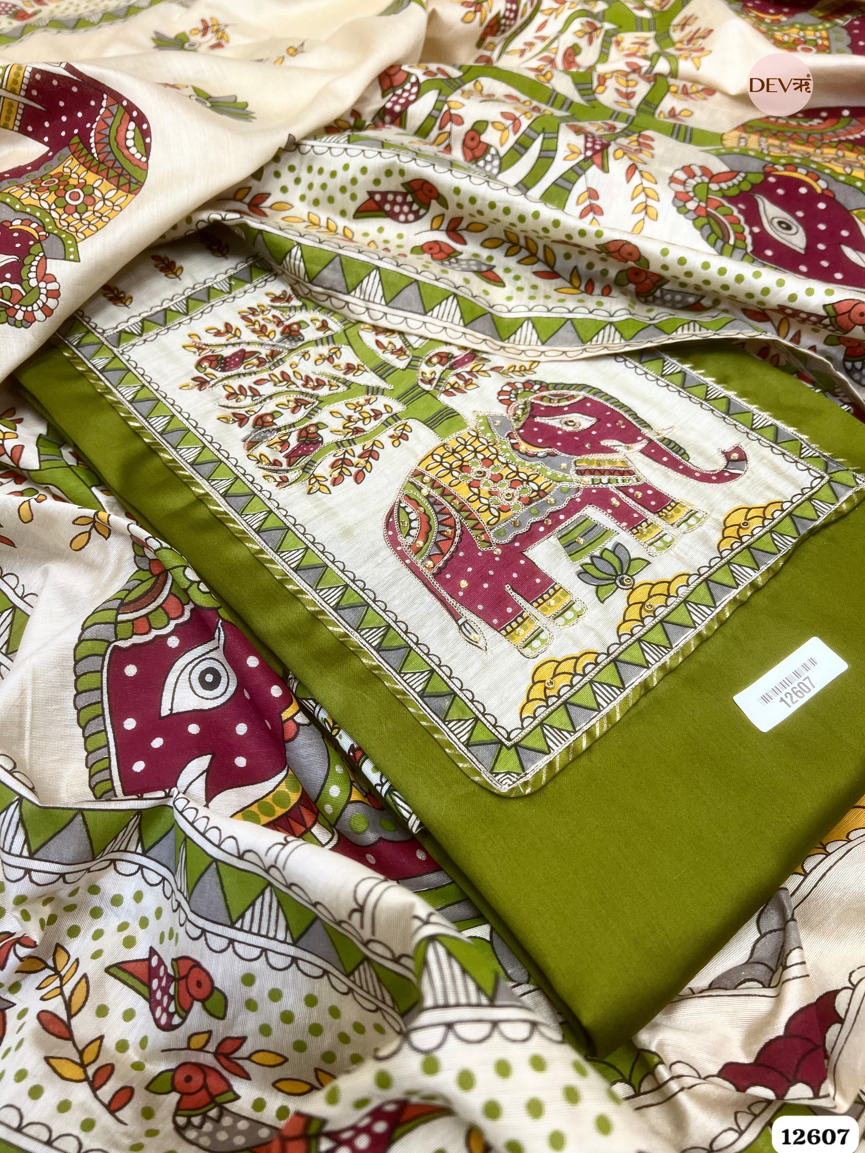 Olive Green Cotton Embroidered Unstitched 3-Piece Suit (Devri – D.No 12607)