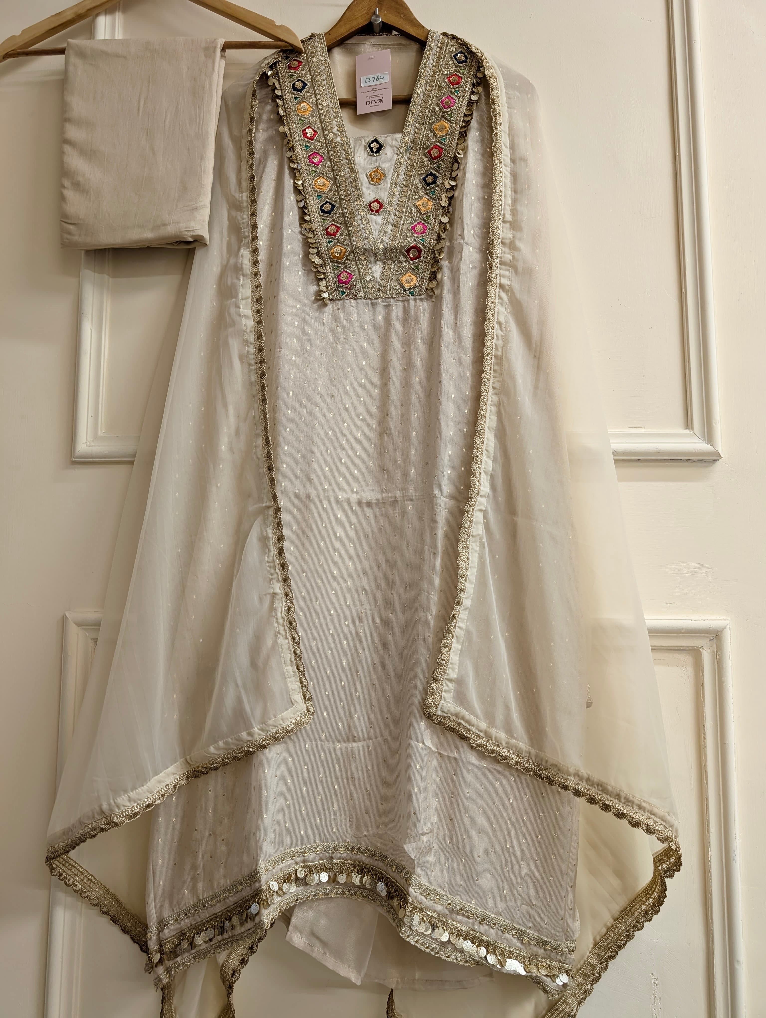 Off White Pure tissue silk Embroidered Unstitched 3-Piece Suit (Devri – D.No 13764)