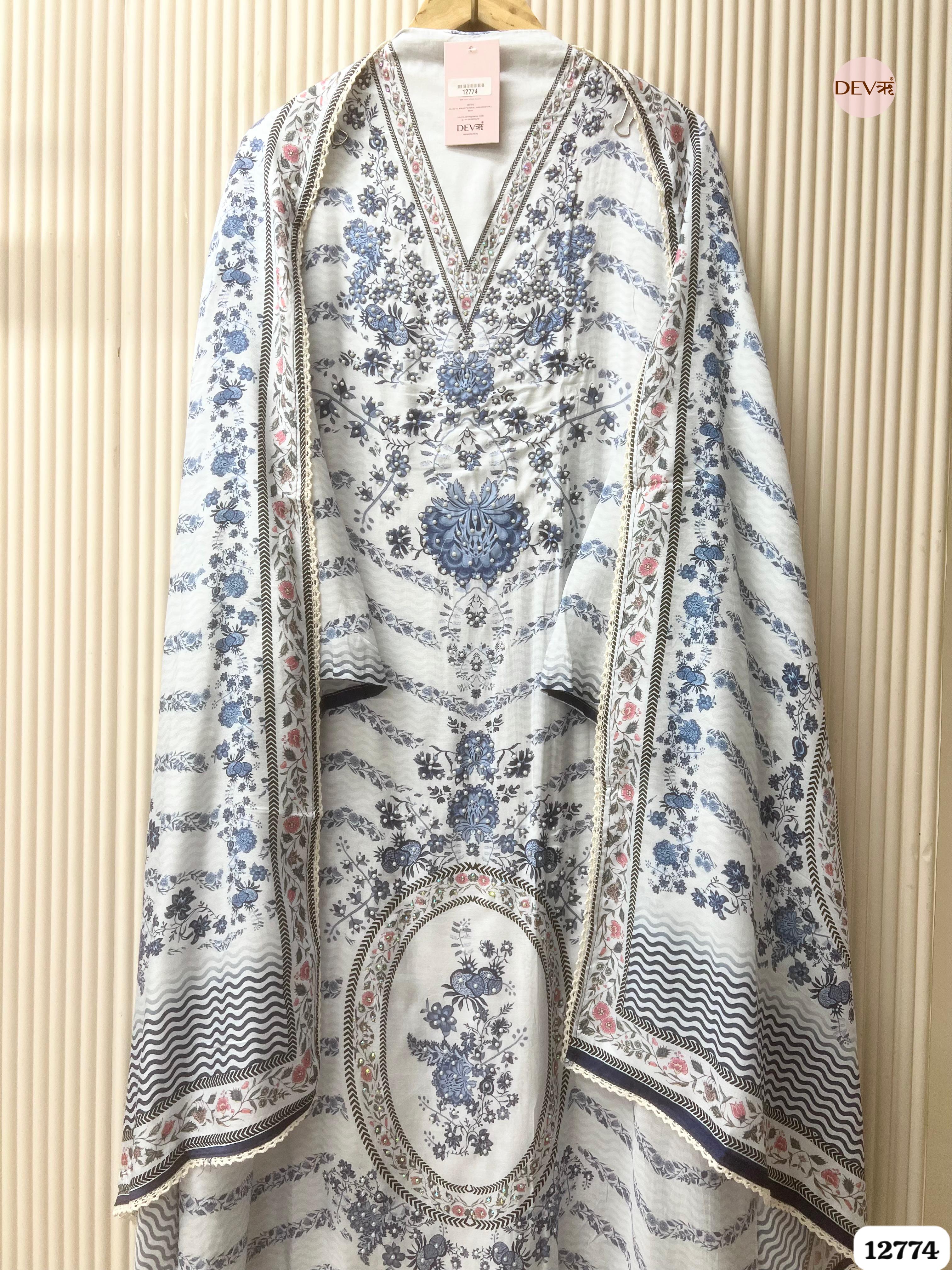 White and Blue Muslin Printed Unstitched 3-Piece Suit (Devri – D.No 12774)