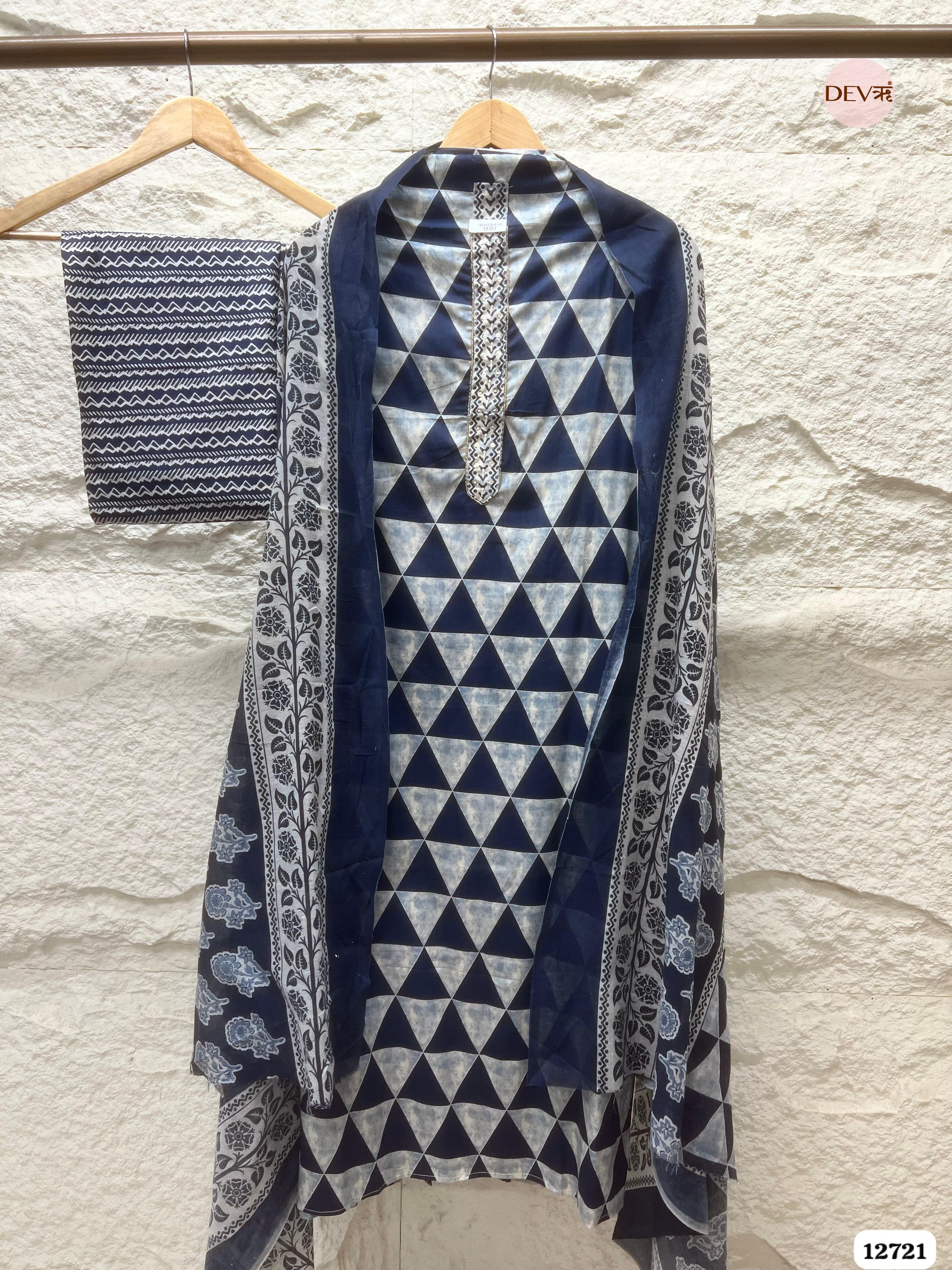 Indigo Cotton Printed Unstitched 3-Piece Suit (Devri – D.No 12721)