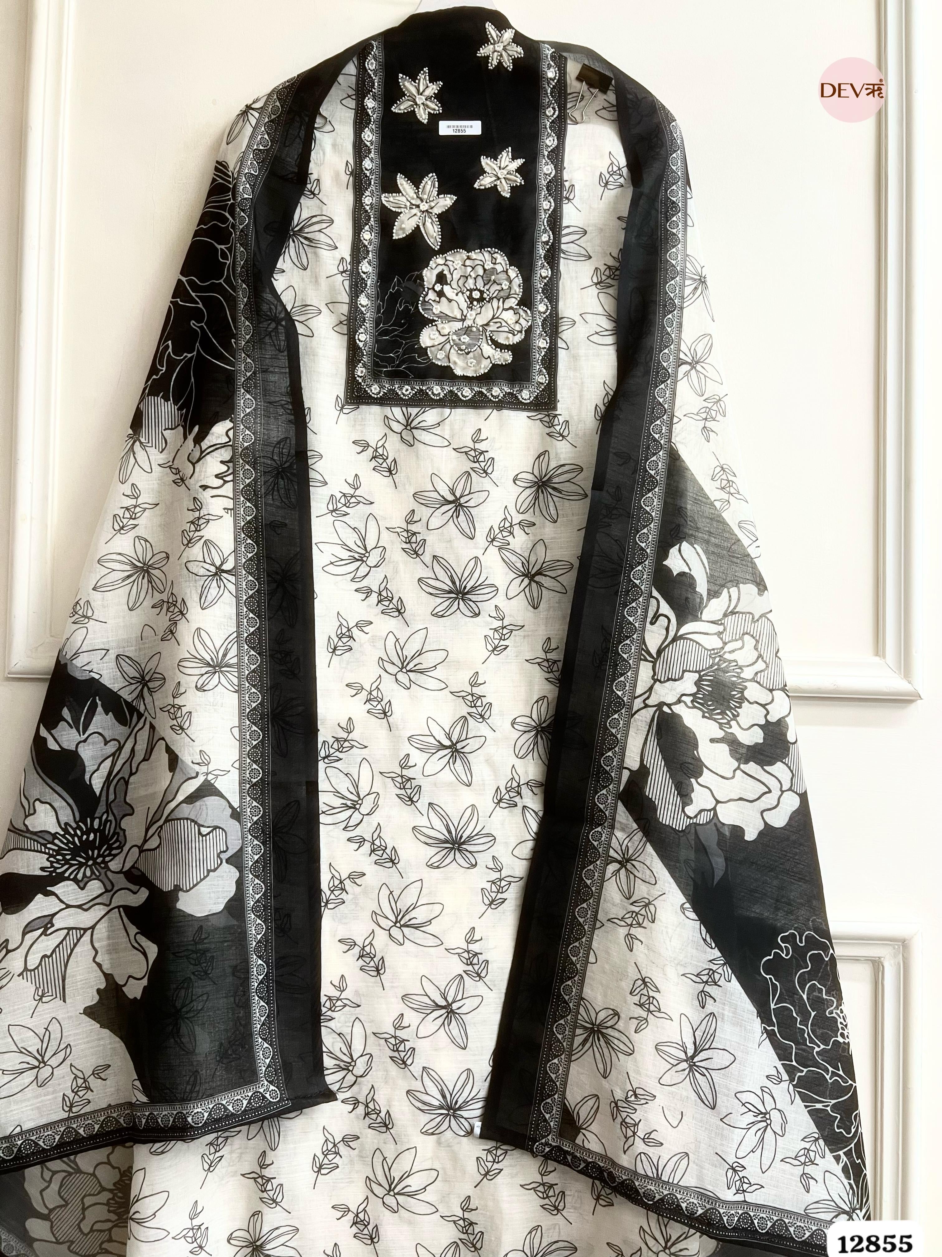 White Linen Cotton Printed Unstitched 3-Piece Suit (Devri – D.No 12855)