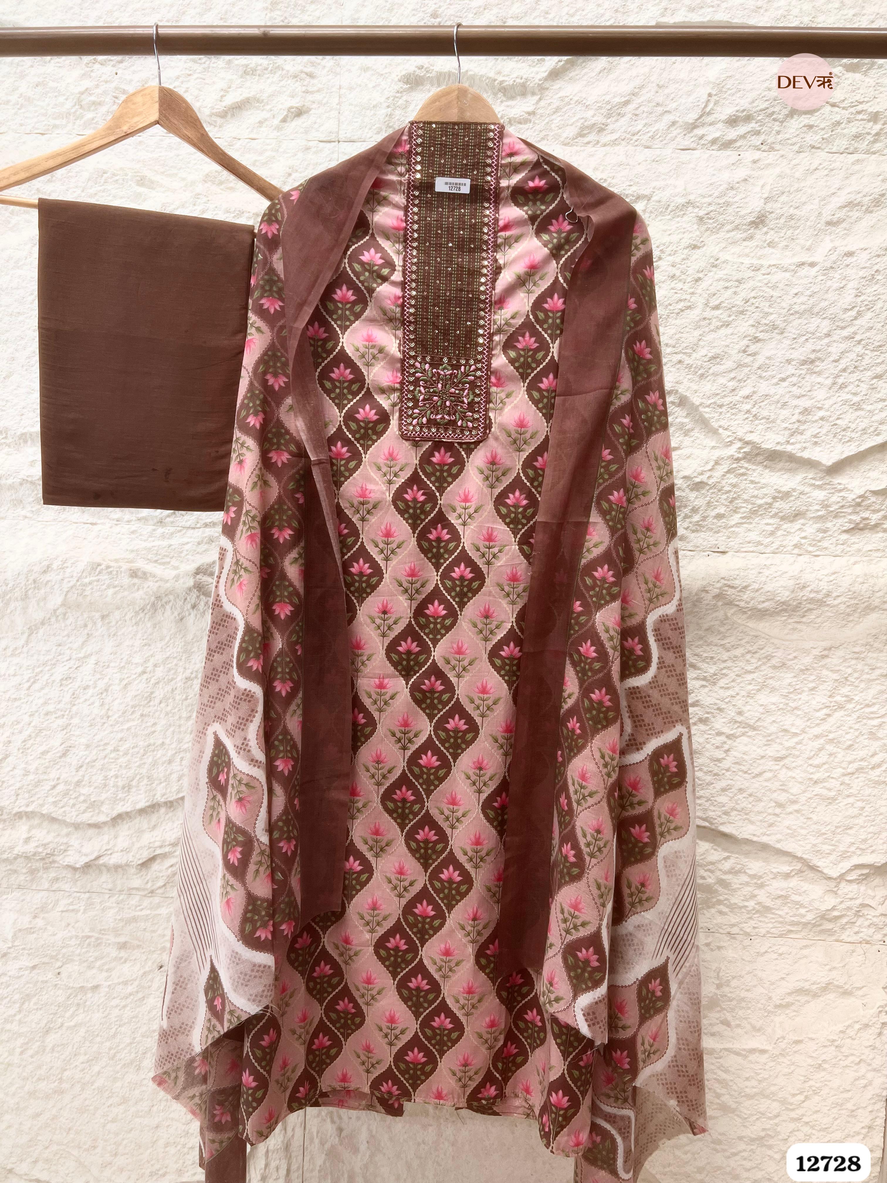 Brown Cotton Embroidered Unstitched 3-Piece Suit (Devri – D.No 12728)