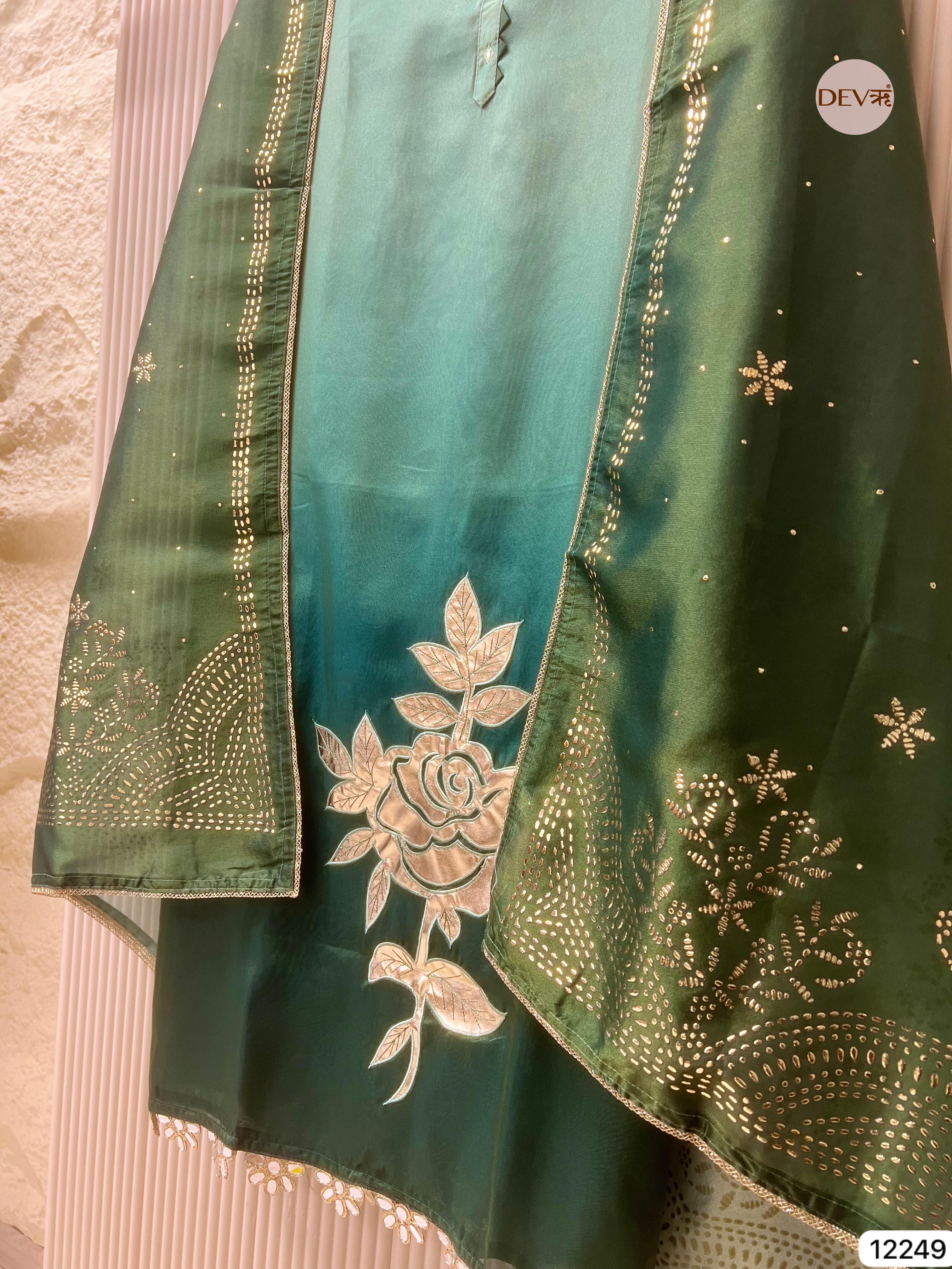 Deep Emerald Soft Tissue Shimmer Silk Embroidered Unstitched 3-Piece Set (Devri – D.No 12249)
