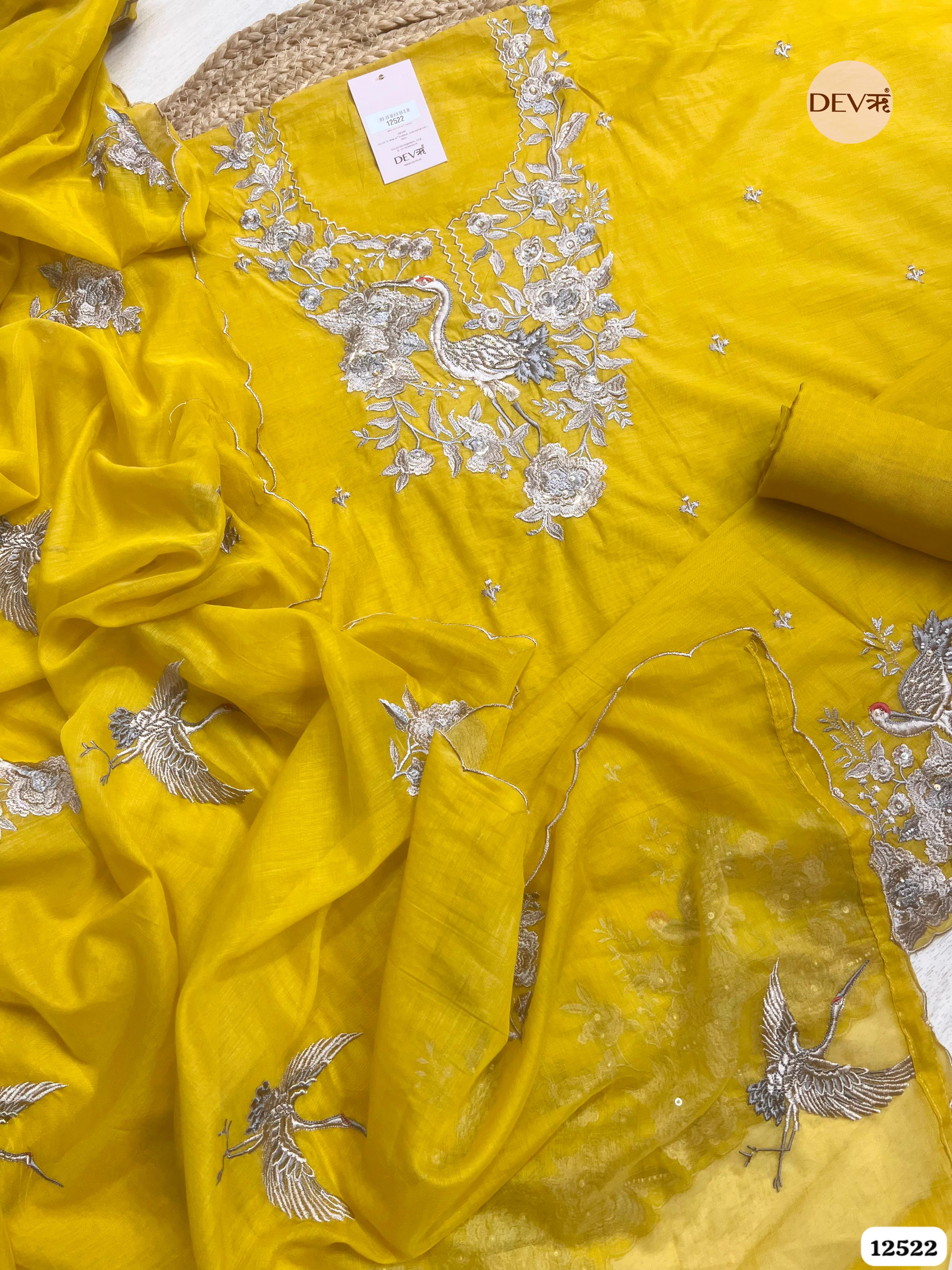 Yellow Pure Mul Chanderi Embroidered Unstitched 3-Piece Suit (Devri – D.No 12522)