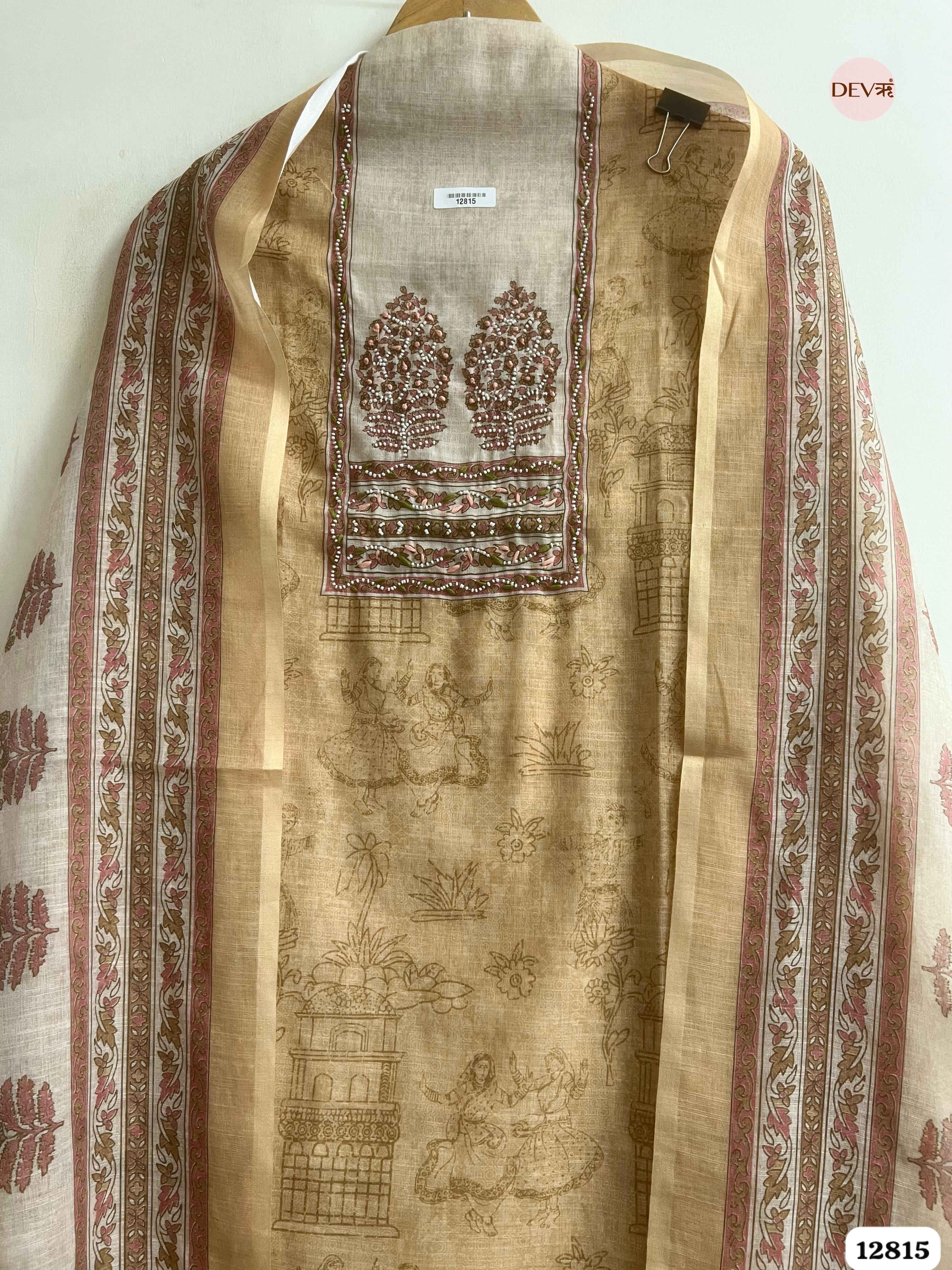 Beige Linen Cotton Printed Unstitched 3-Piece Suit (Devri – D.No 12815)