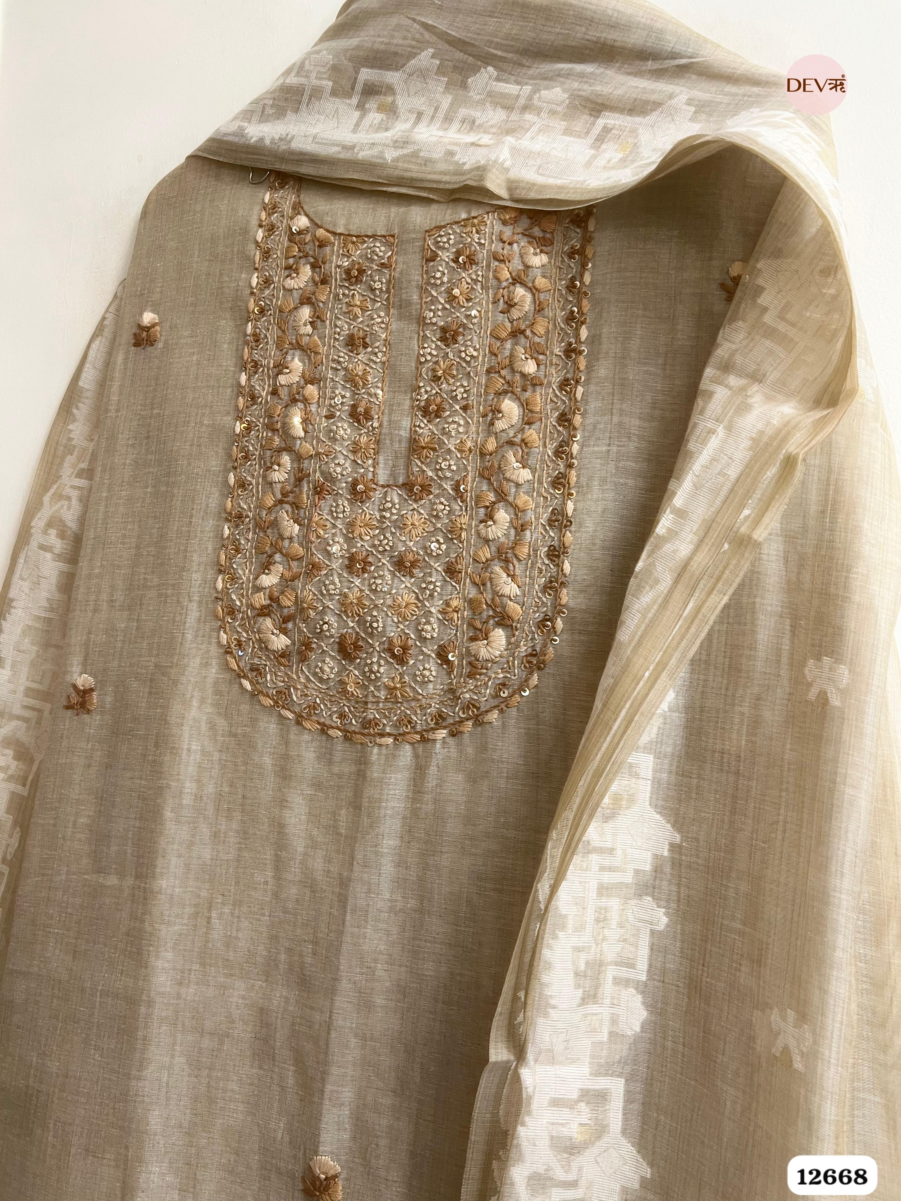 Beige Mul Chanderi Embroidered Unstitched 3-Piece Suit (Devri – D.No 12668)