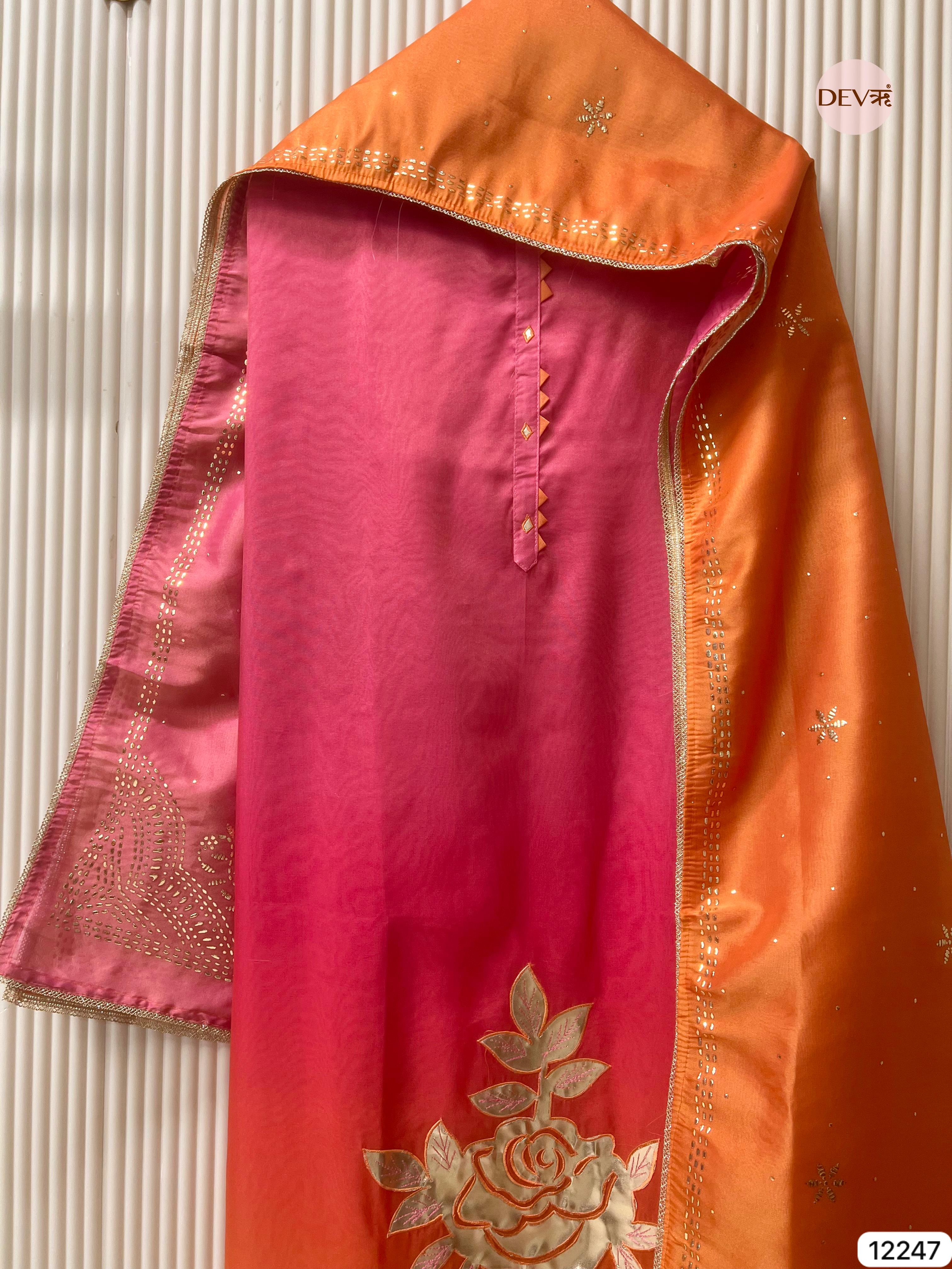Orange Soft Tissue Shimmer Silk Embroidered Unstitched 3-Piece Suit (Devri – D.No 12247)