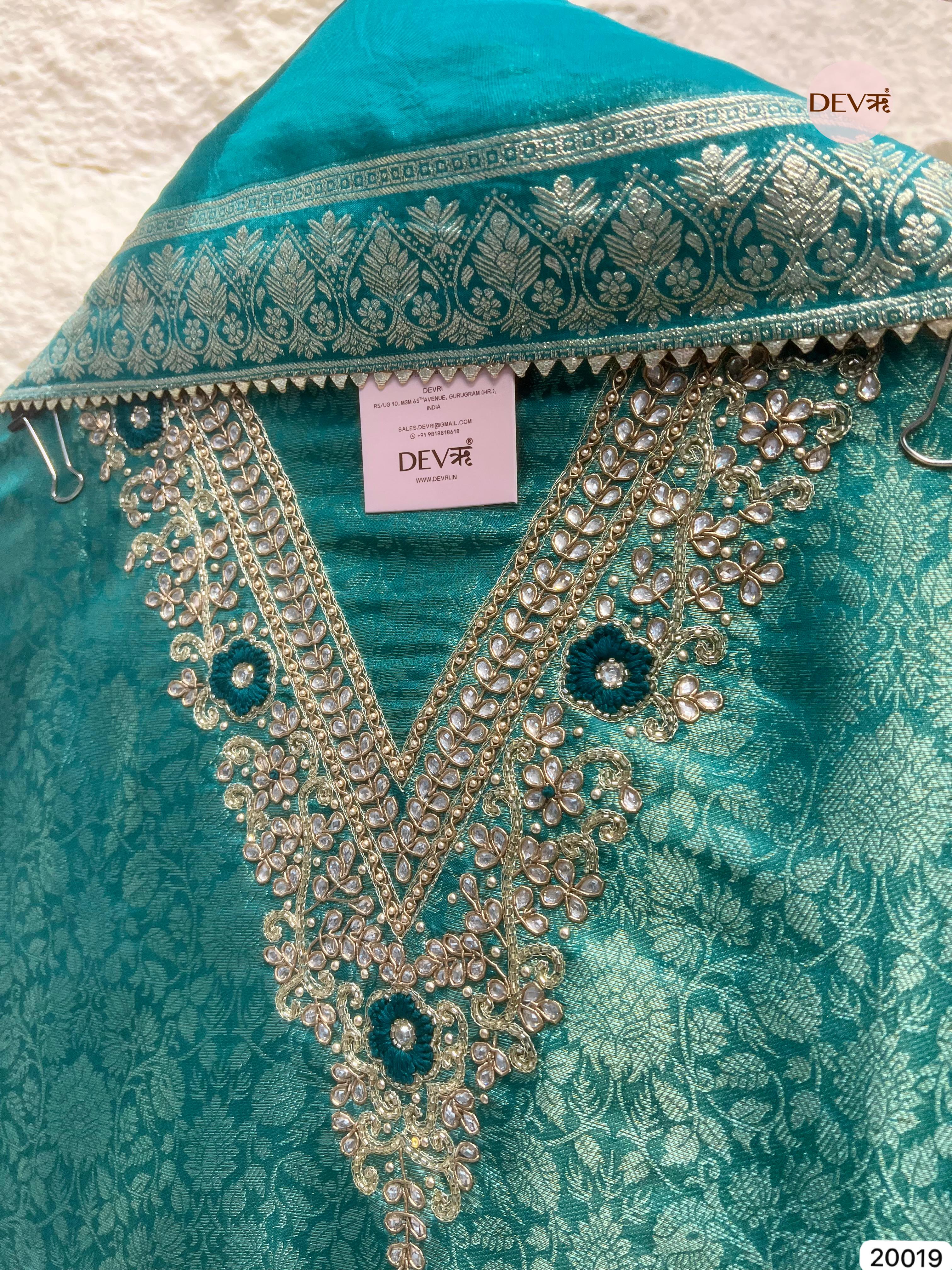 Teal Blue Tissue Jacquard Embroidered Unstitched 3-Piece Suit (Devri – D.No 20019)