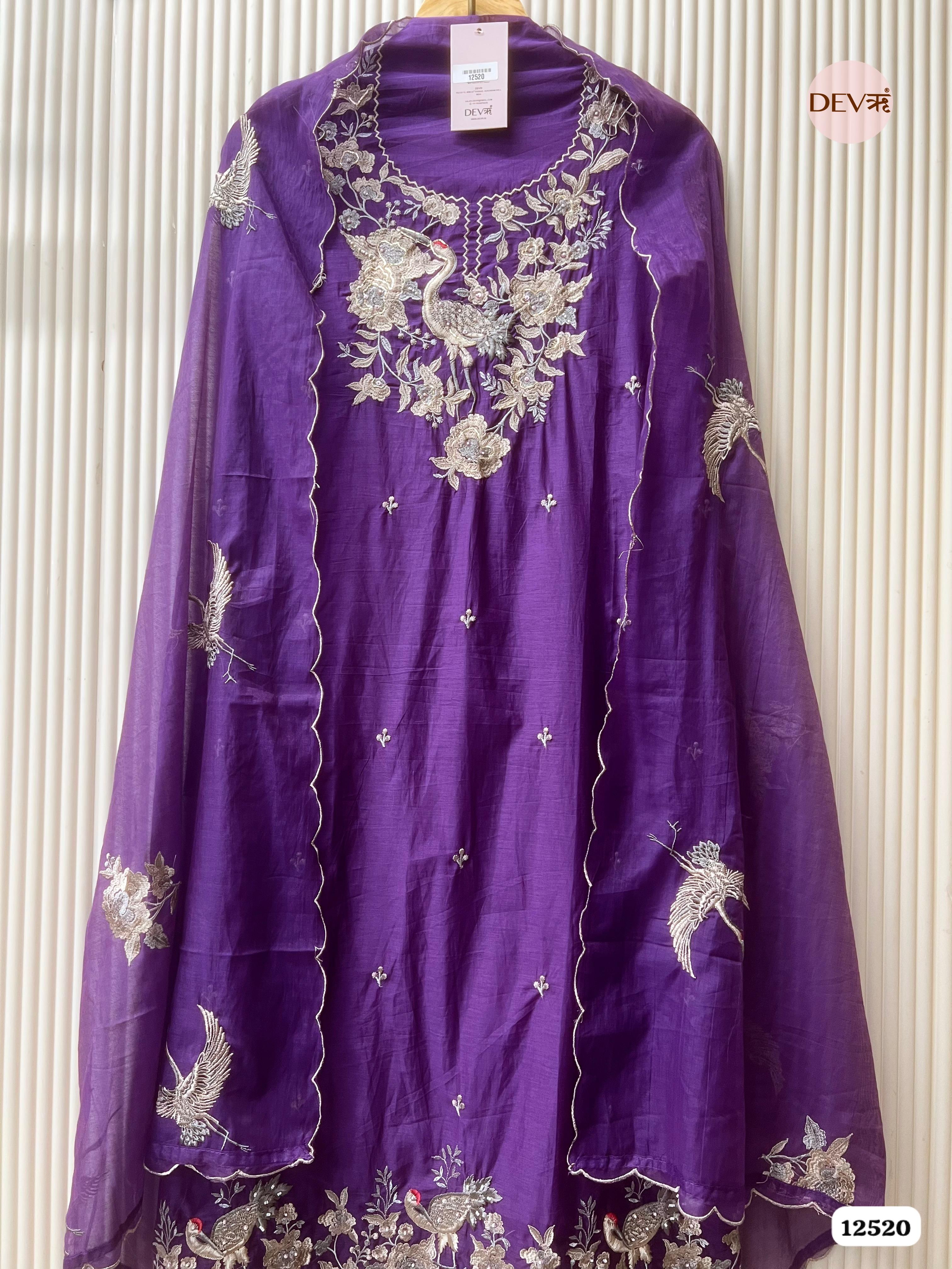Royal Purple Pure Mul Chanderi Embroidered Unstitched 3-Piece Suit (Devri – D.No . 12520)