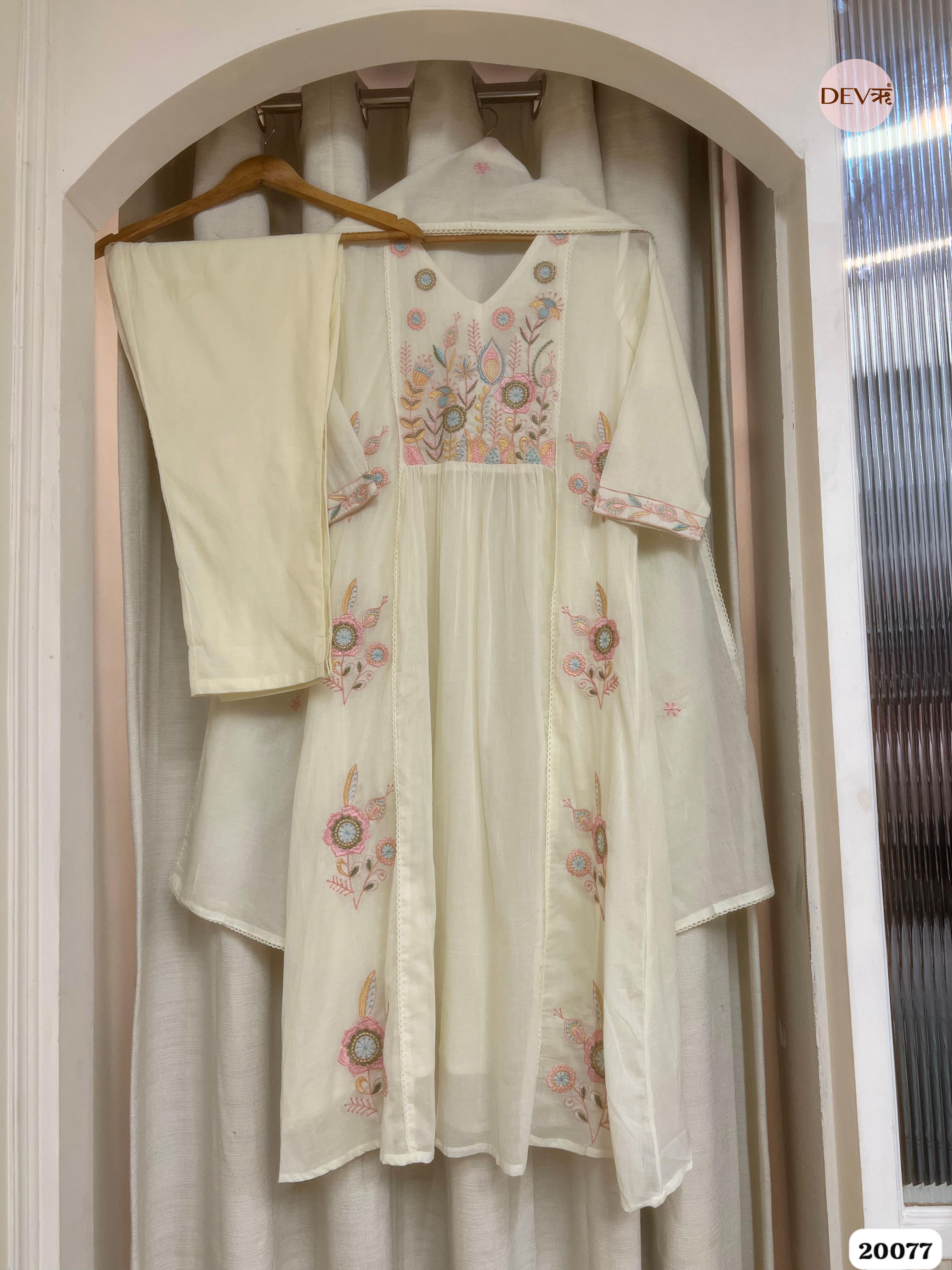 Inaya Cotton Embroidered Ivory& Rose 3-Piece Set (Devri – D.No 20077)