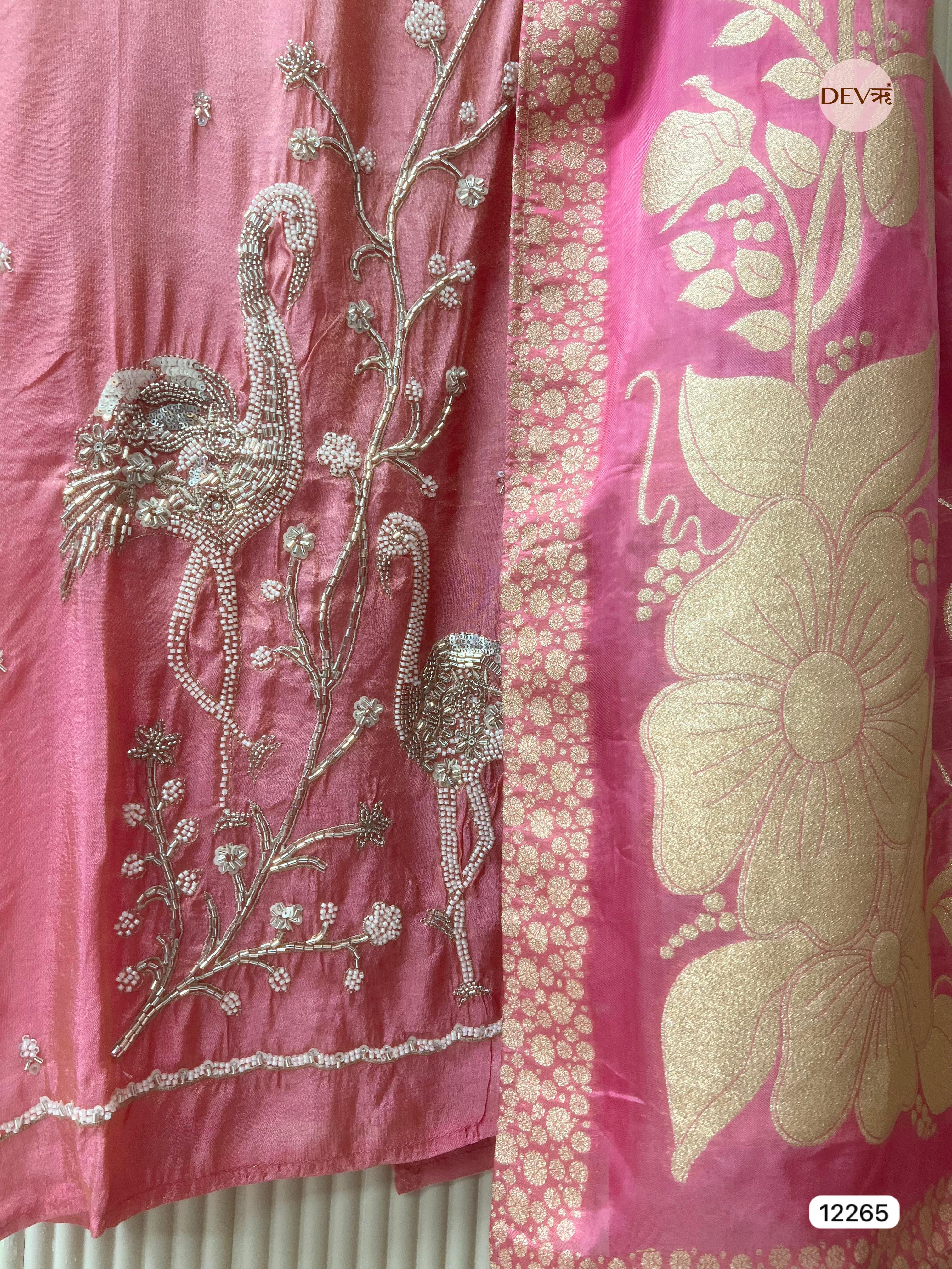 Pink Tissue Shimmer Silk Embroidered Unstitched 3-Piece Suit (Devri – D.No 12265)