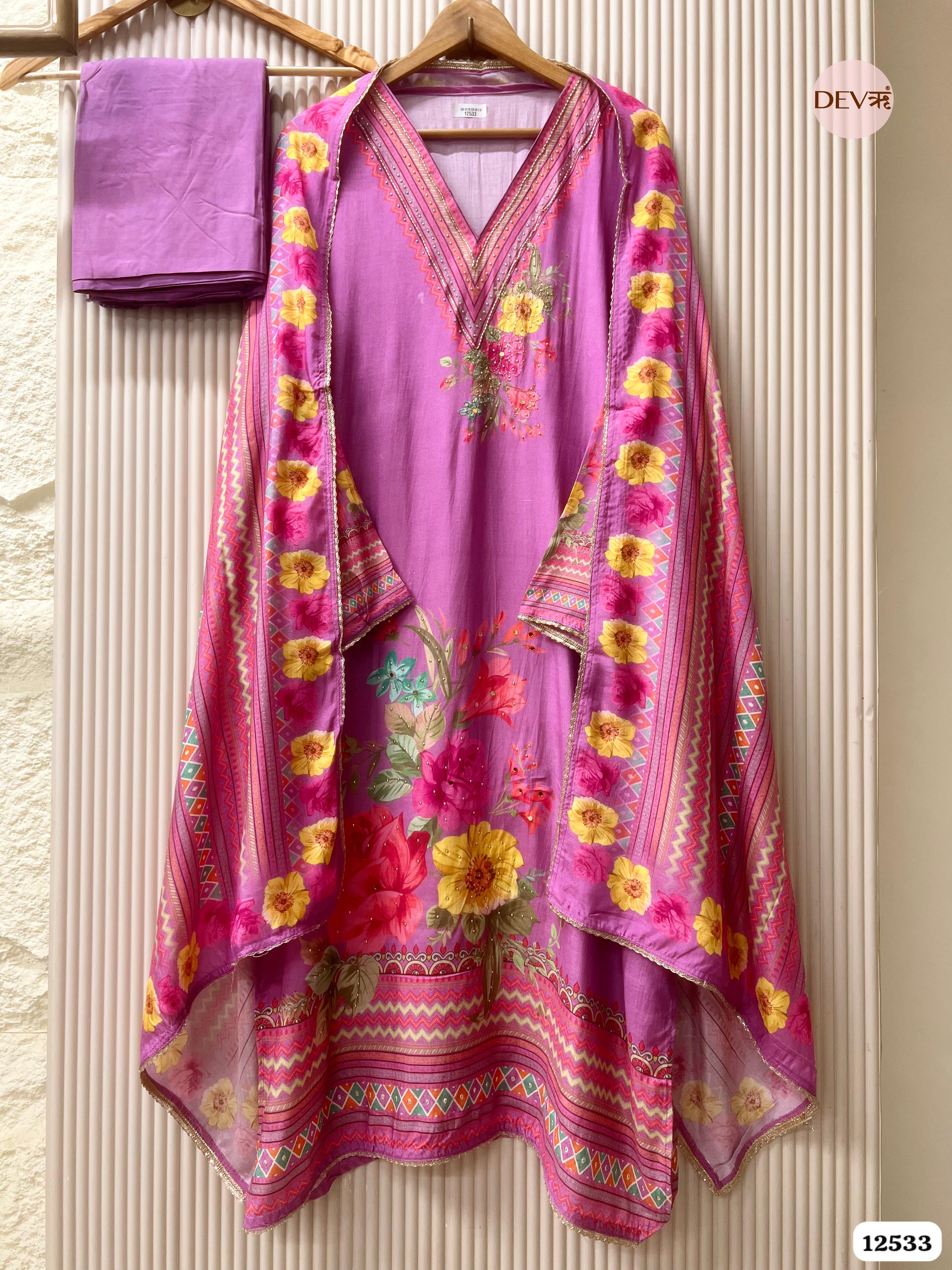 Rose Pink Muslin Printed Unstitched 3-Piece Suit (Devri – D.No. 12533)